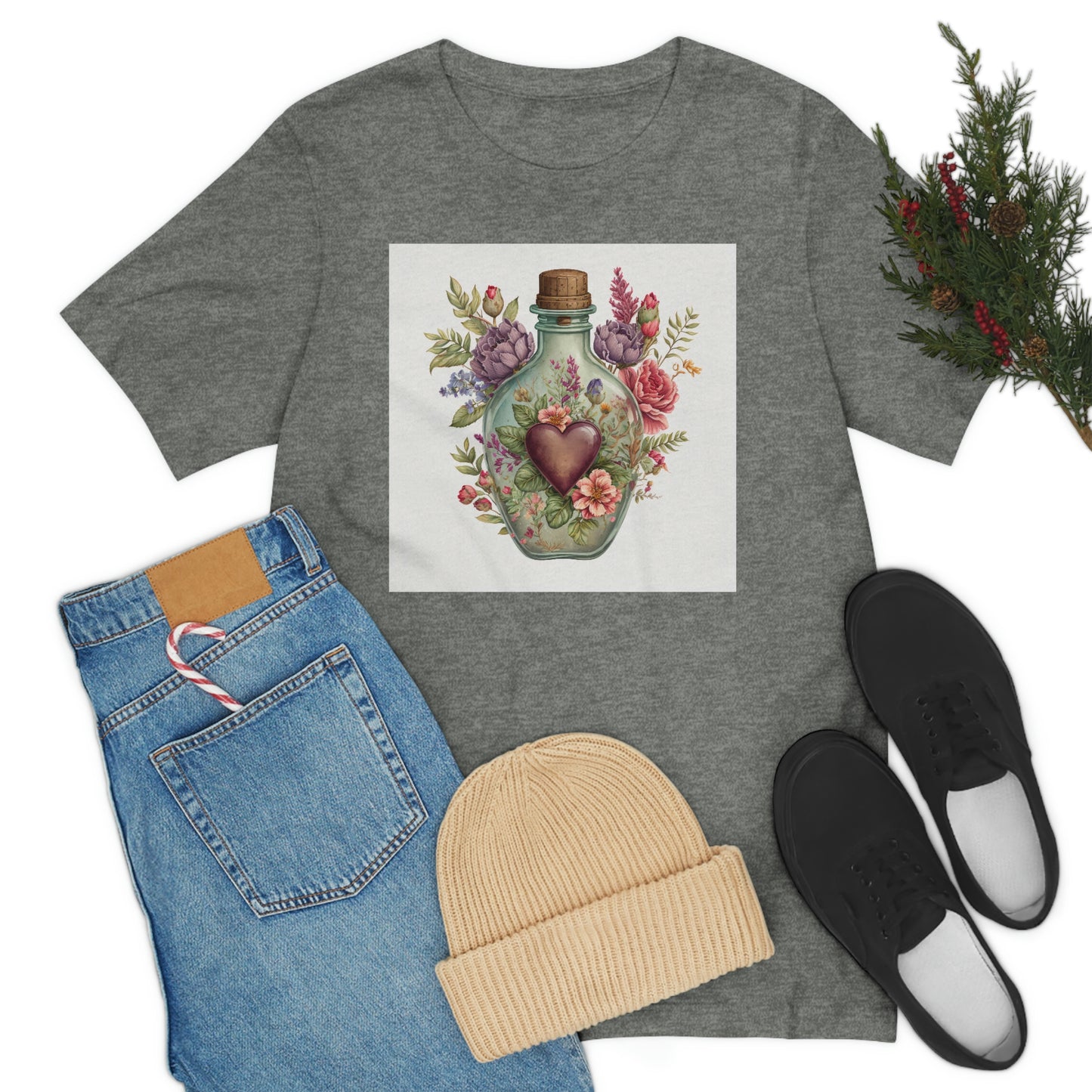 Vintage Bottle Floral Unisex Jersey Short Sleeve Tee