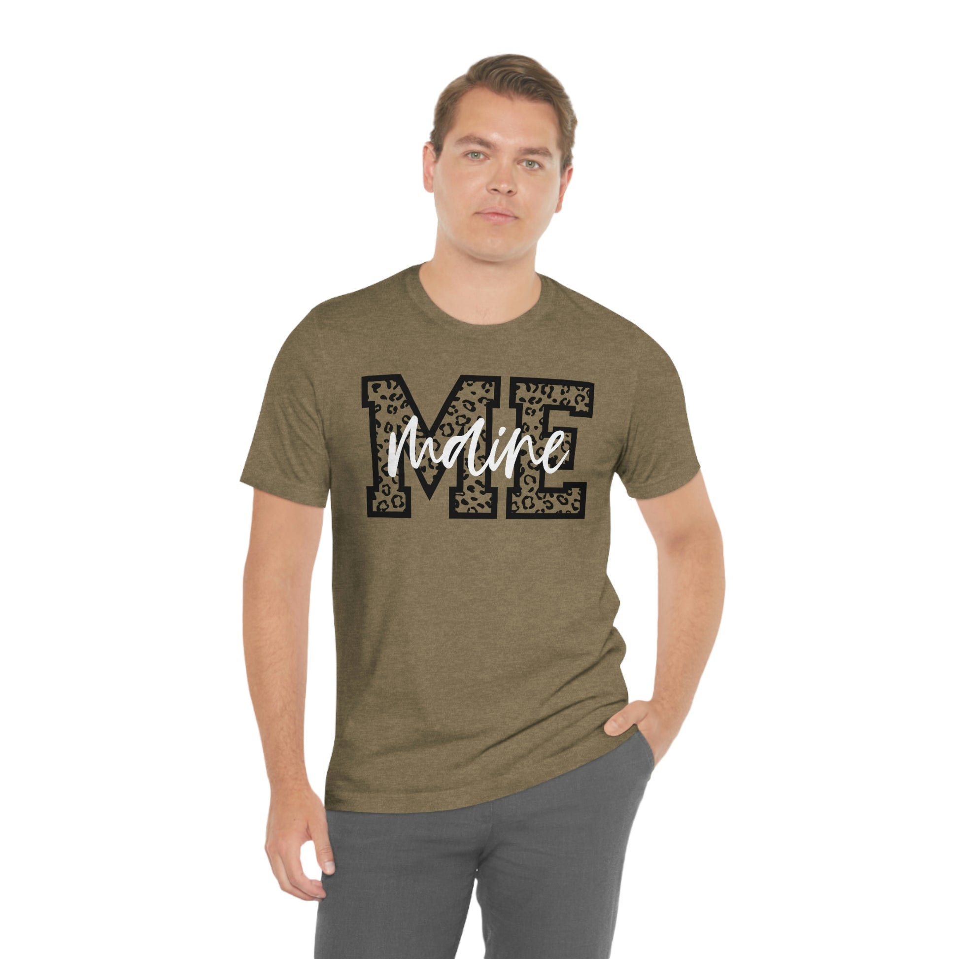 Maine ME Leopard Print Letters White Script Short Sleeve T-shirt