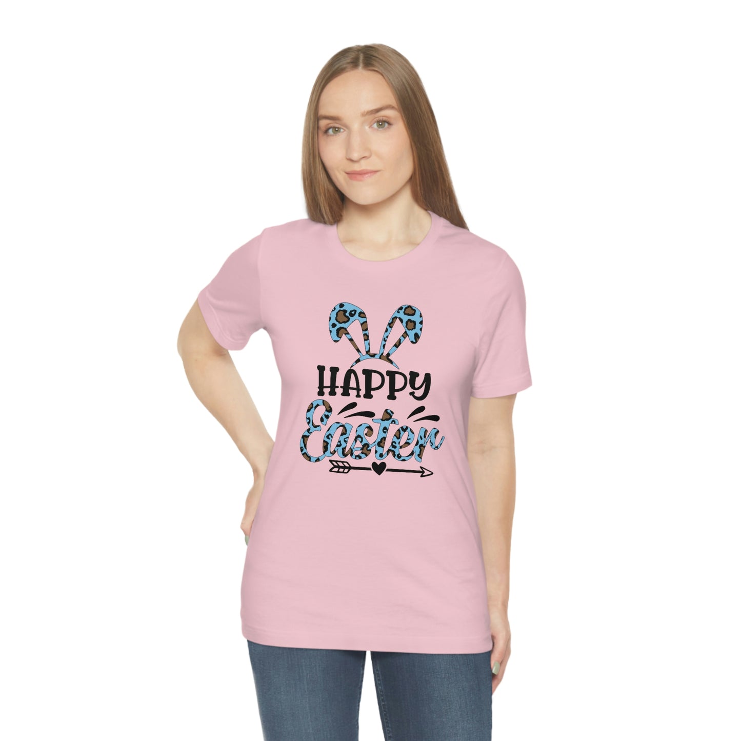 Happy Easter Bunny Ears Blue Leopard Print Unisex Jersey Short Sleeve Tee