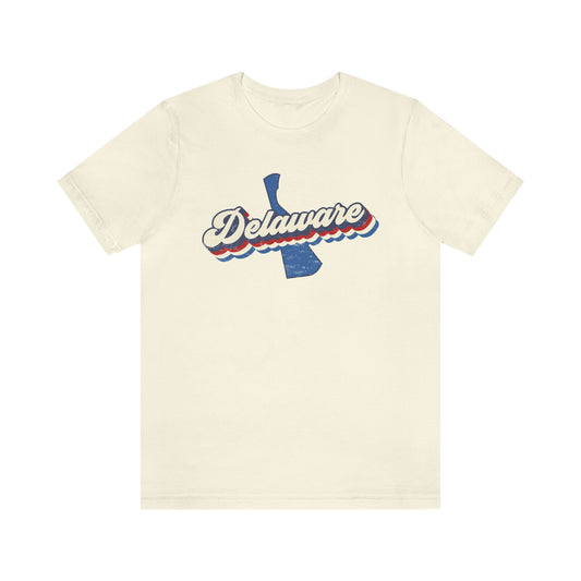 Delaware Script Red White Blue on Blue Delaware Short Sleeve T-shirt