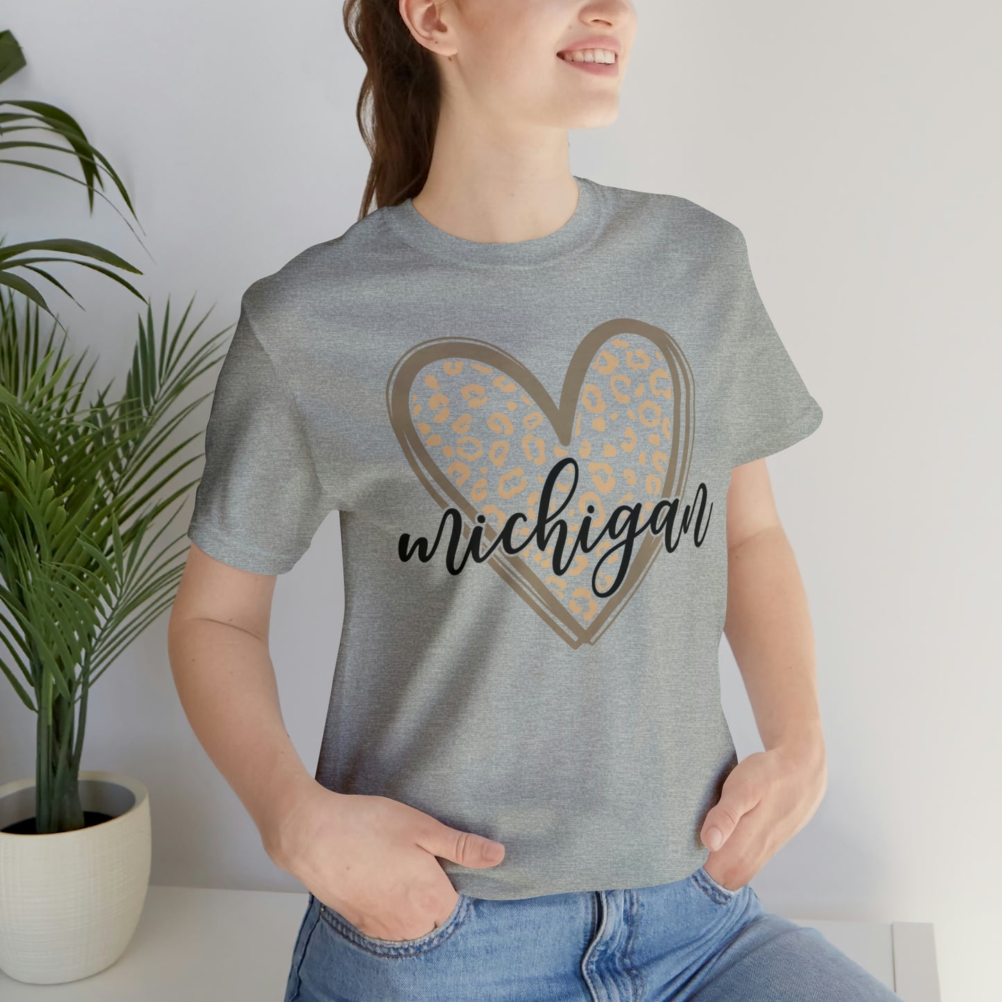 Michigan Gold Leopard Heart Black Script Short Sleeve T-shirt