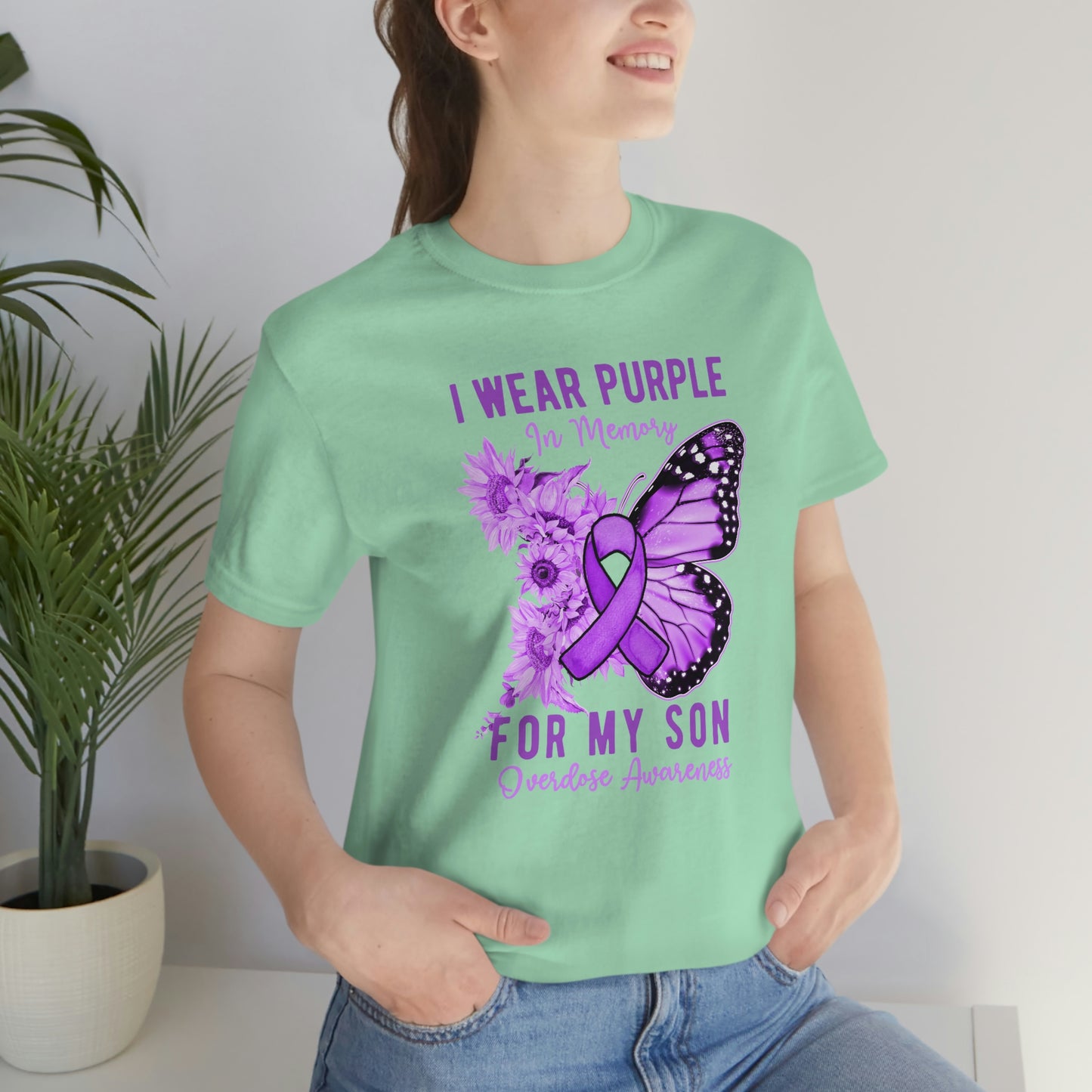 I Wear Purple In Memory For My Son Overdose Awareness Print Unisex Jersey Short Sleeve Tee
