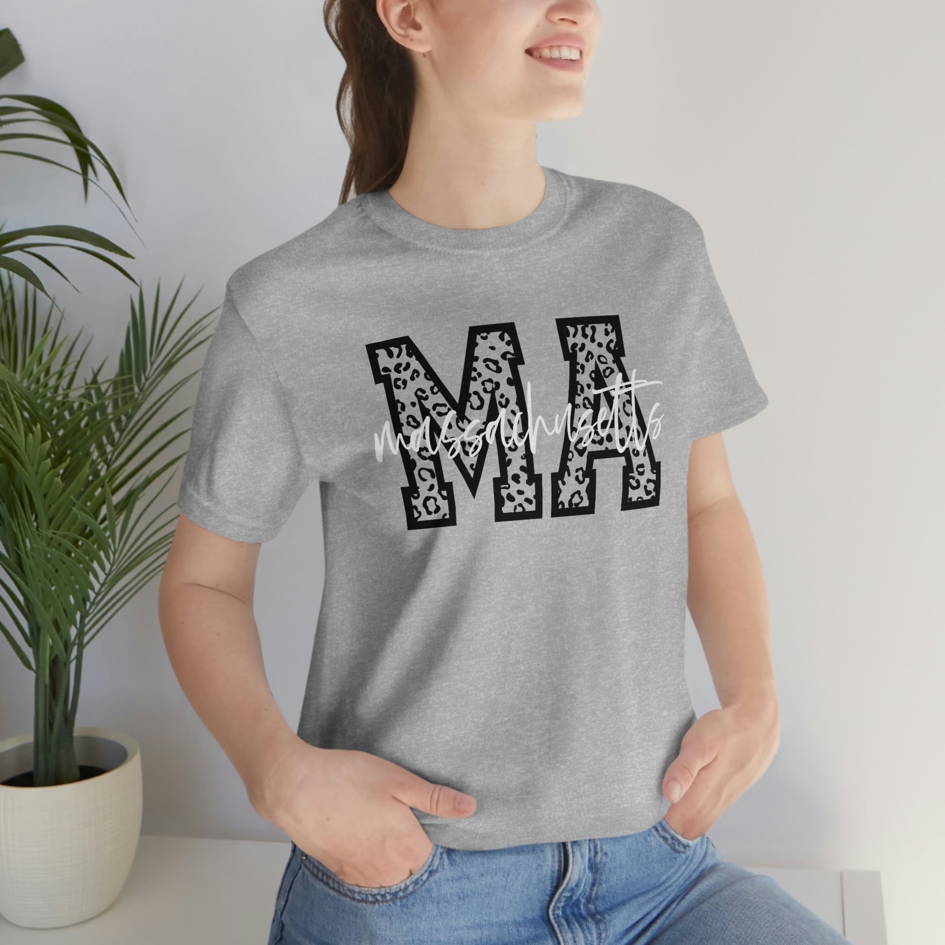 Massachusetts MA Leopard Print Letters White Script Short Sleeve T-shirt