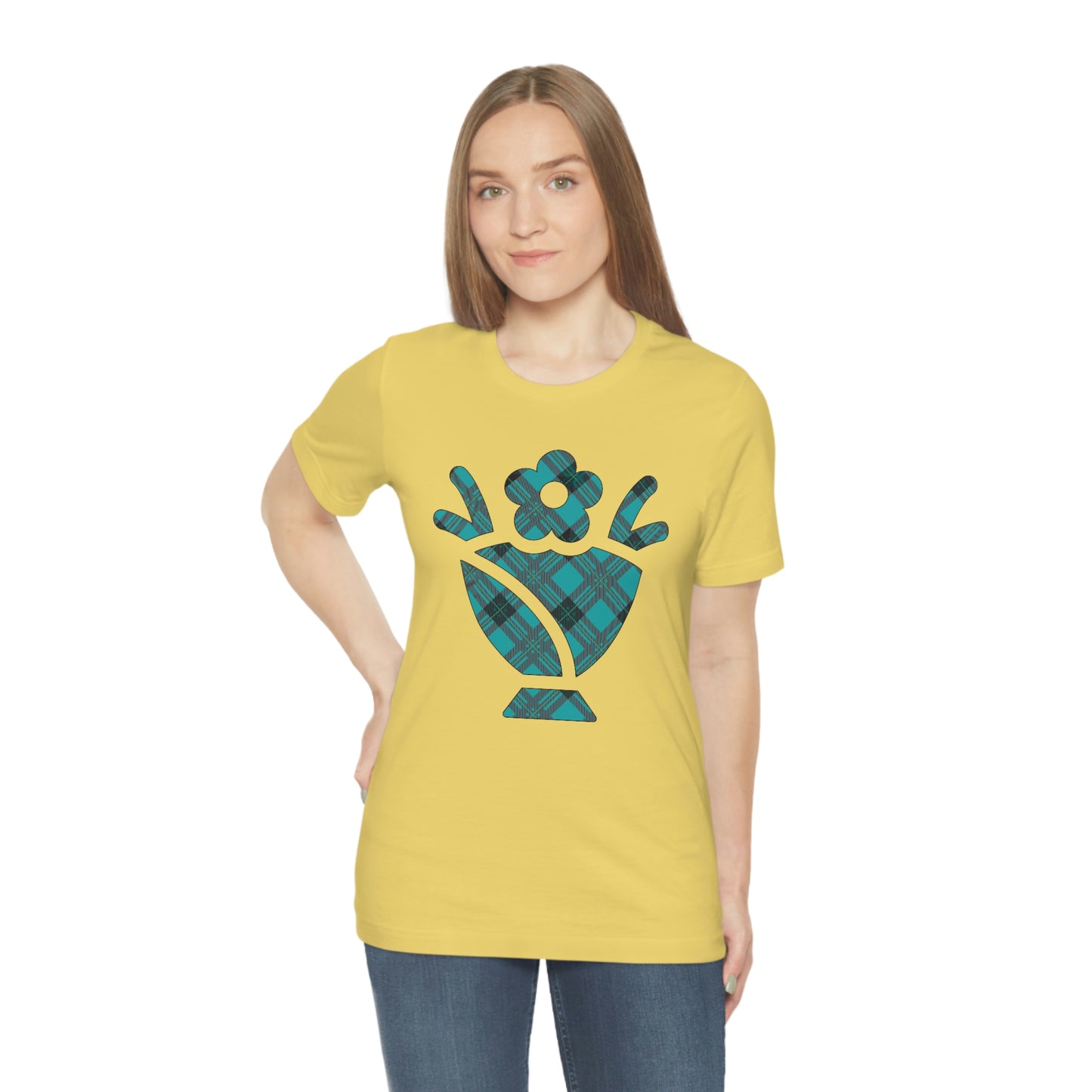 Blue Plaid Egg Basket Flowers Unisex Jersey Short Sleeve Tee