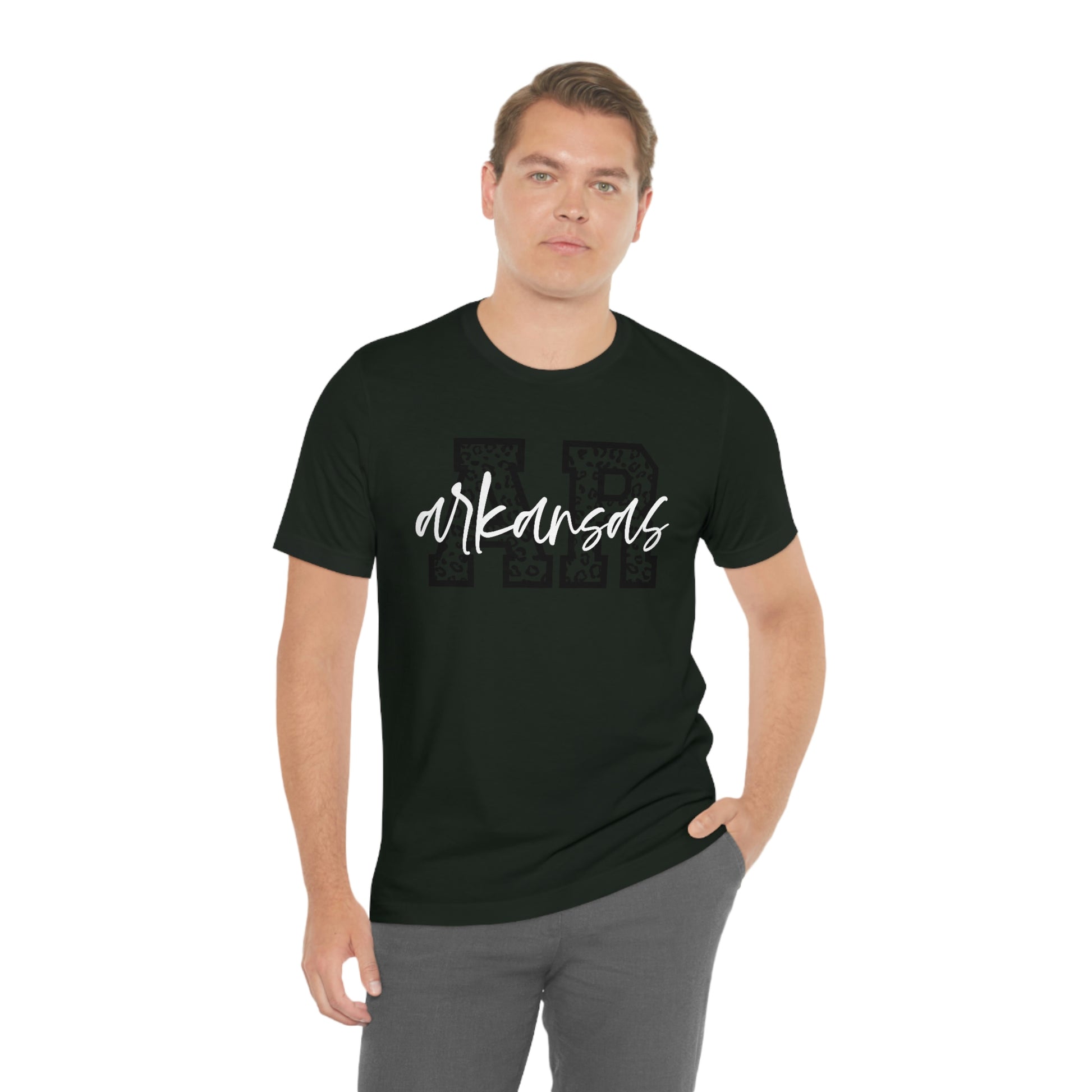 Arkansas AR Leopard Print White Script US Flag Unisex Jersey Short Sleeve Tee Tshirt T-shirt
