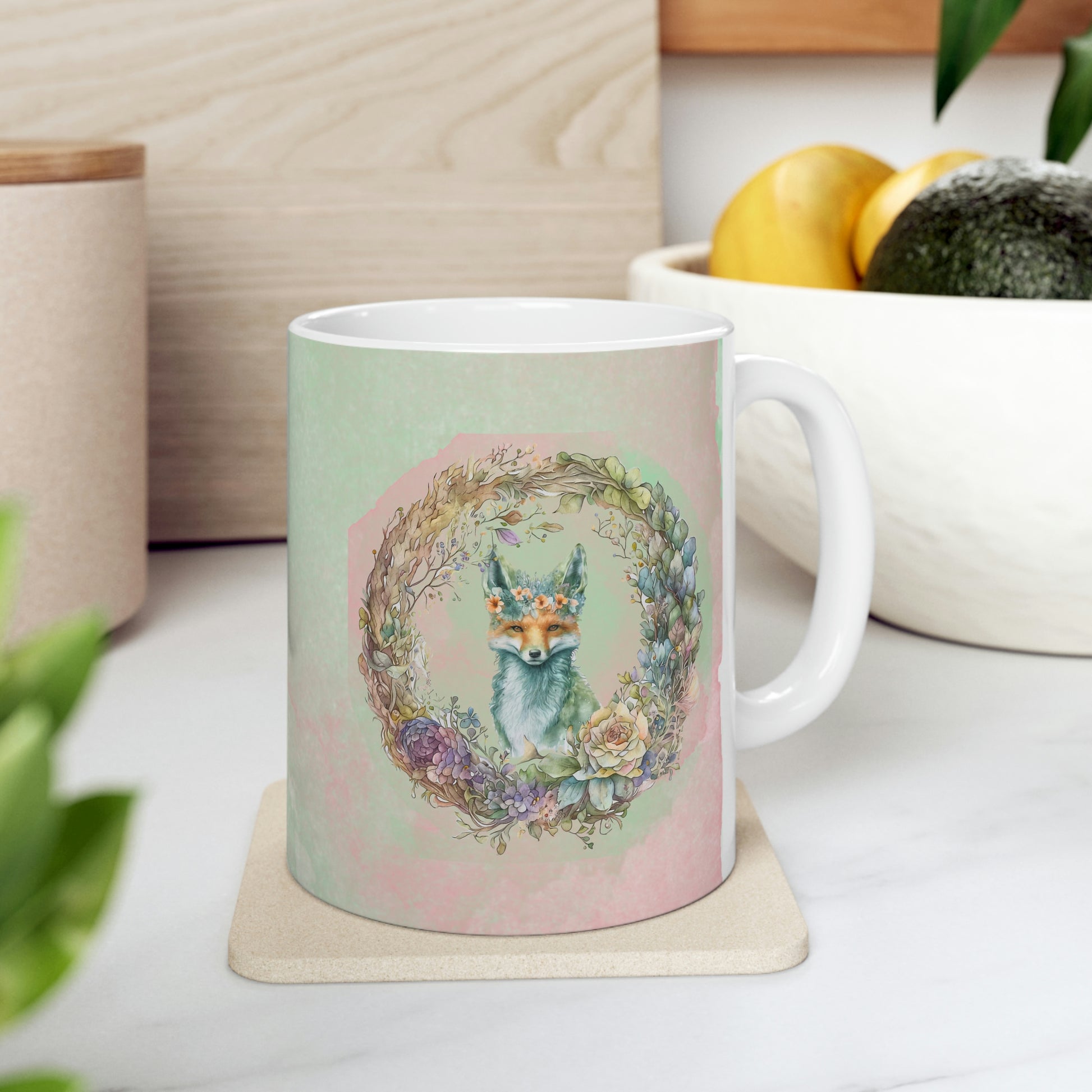 Fox Wreath Watercolor Ceramic Mug 11oz