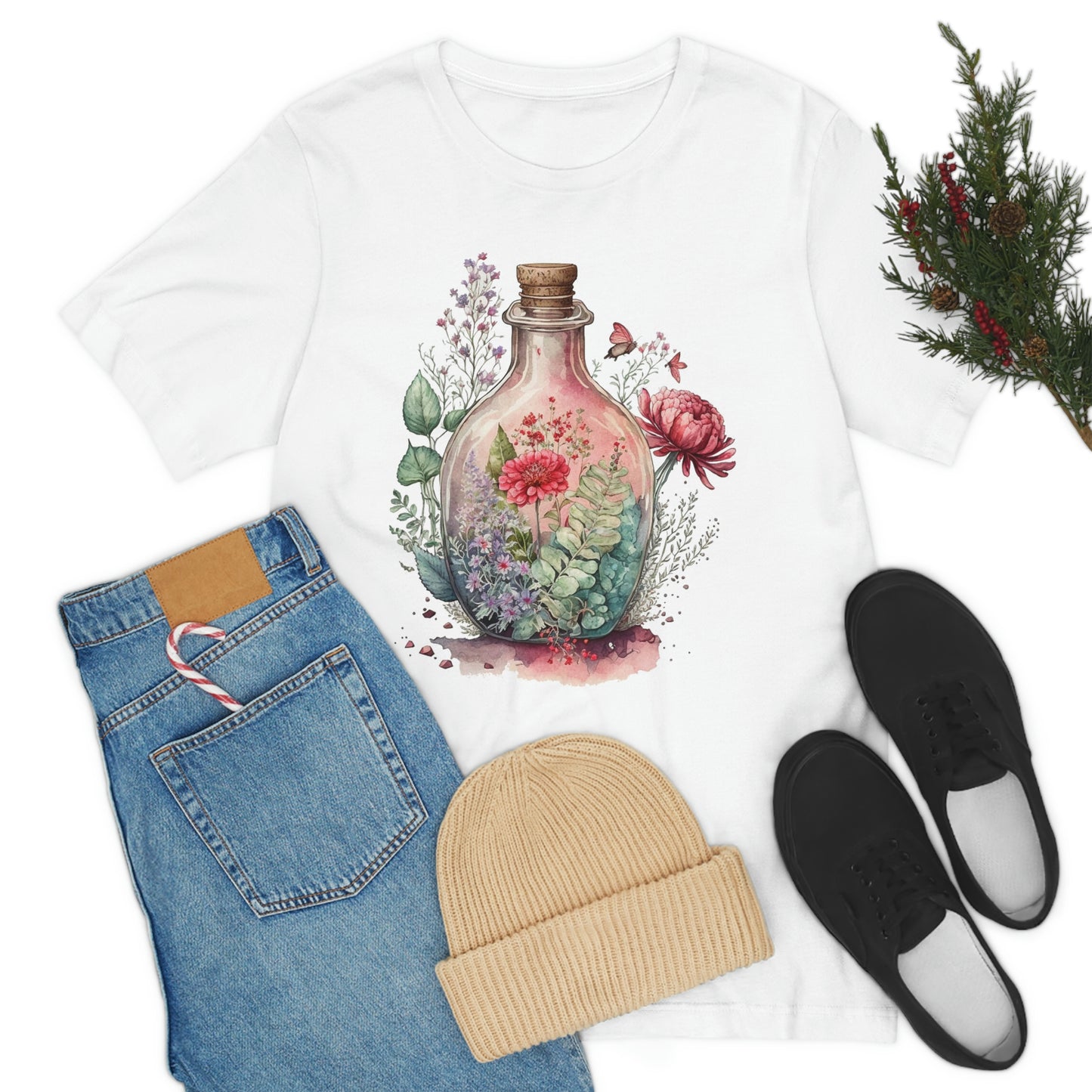 Vintage Bottle Floral Unisex Jersey Short Sleeve Tee