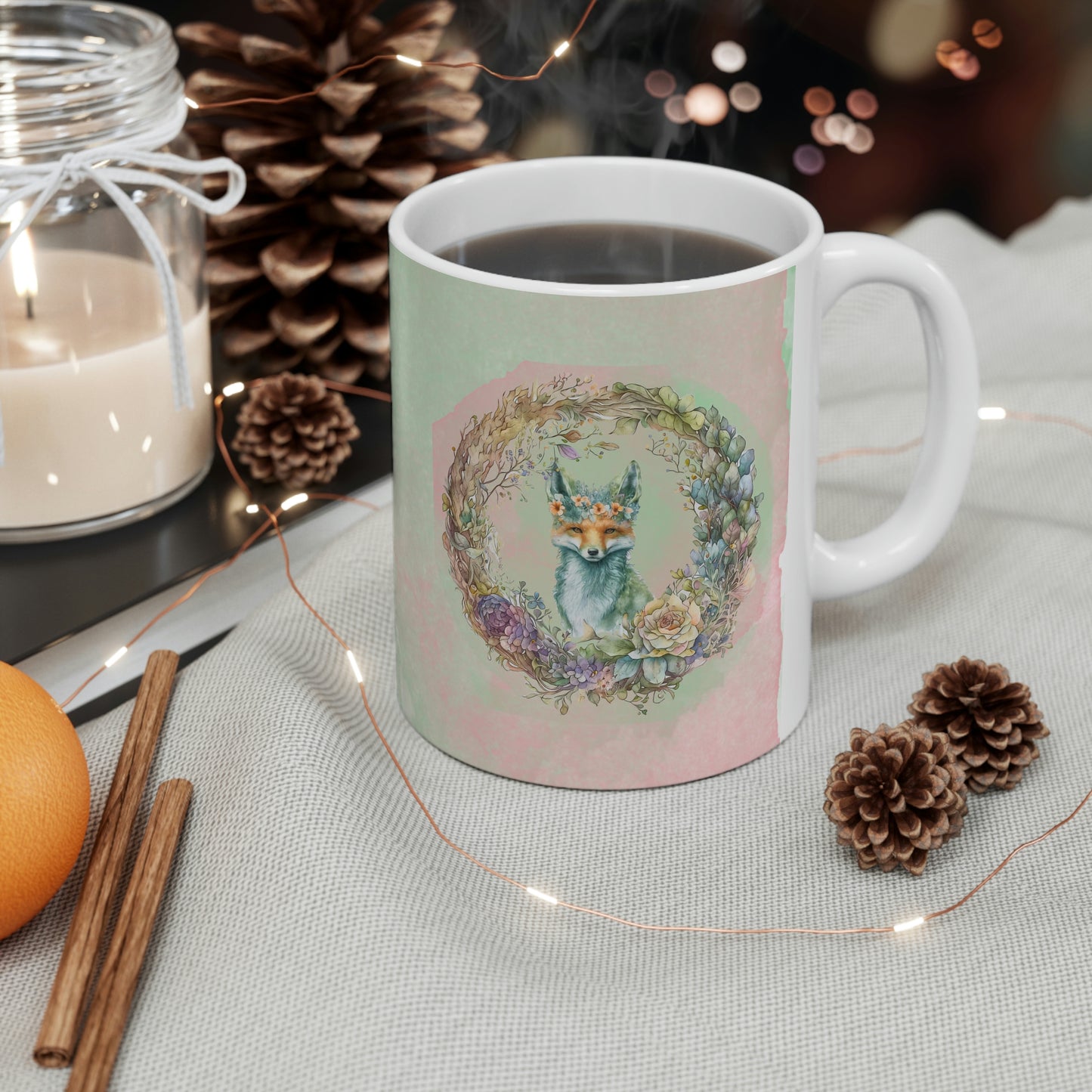 Fox Wreath Watercolor Ceramic Mug 11oz