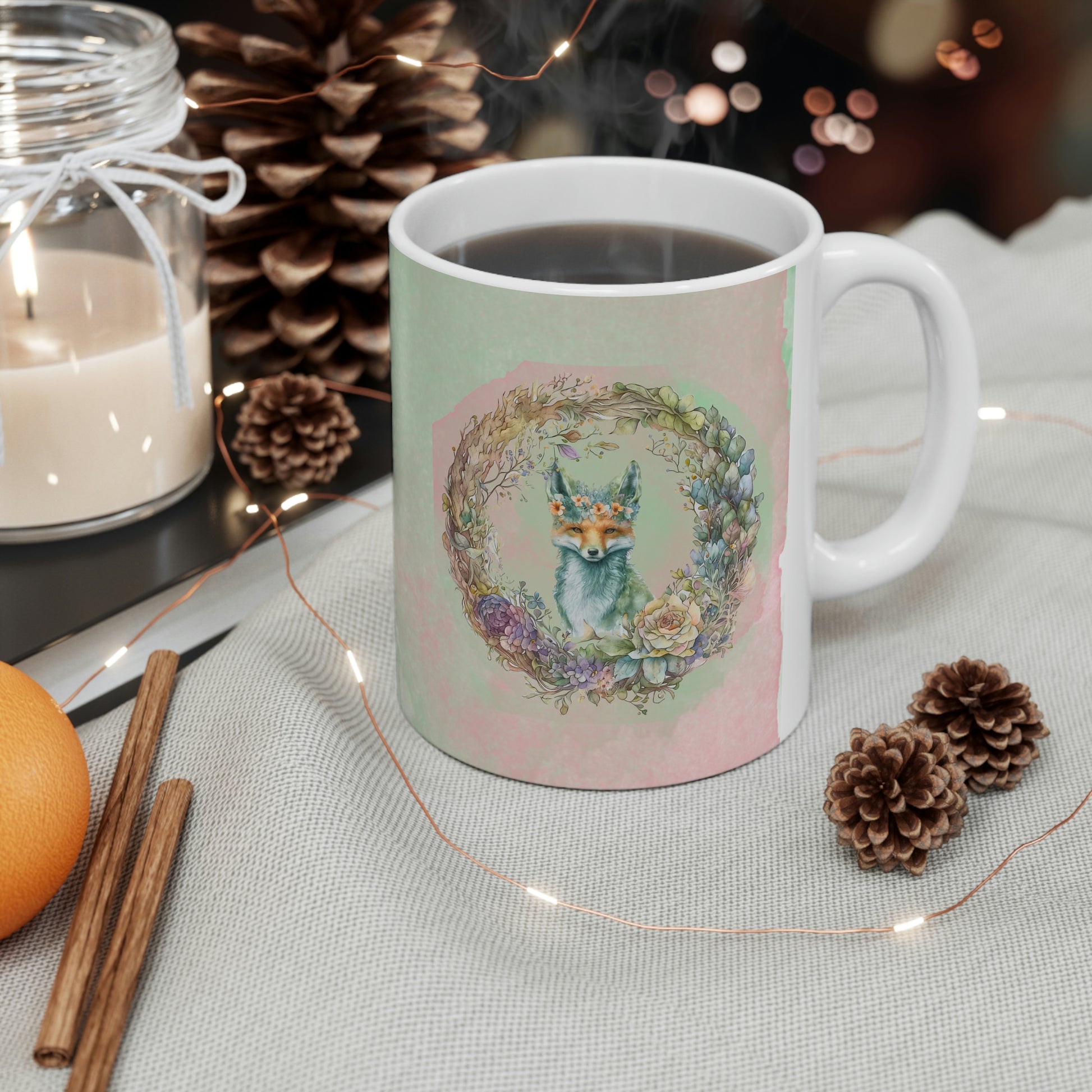 Fox Wreath Watercolor Ceramic Mug 11oz