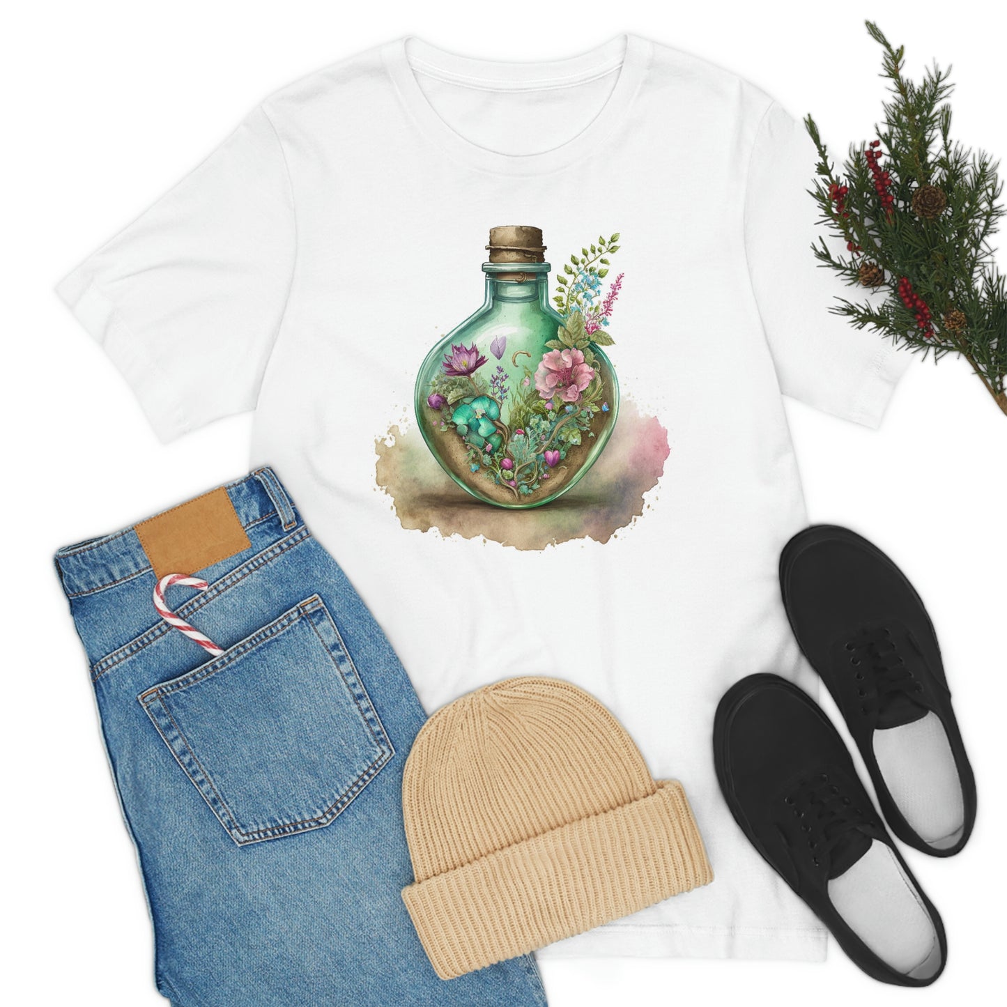 Vintage Bottle Floral Unisex Jersey Short Sleeve Tee