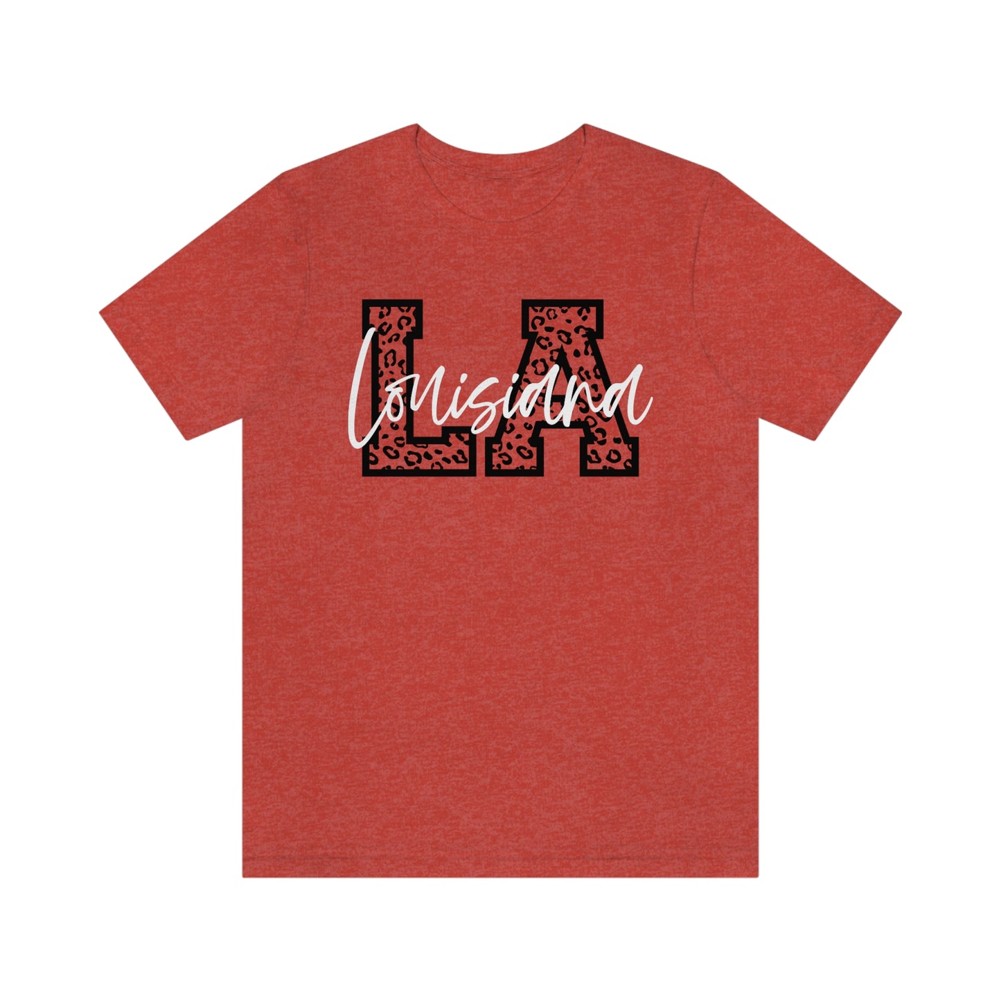 Louisiana LA Leopard Print Letters White Script Short Sleeve T-shirt