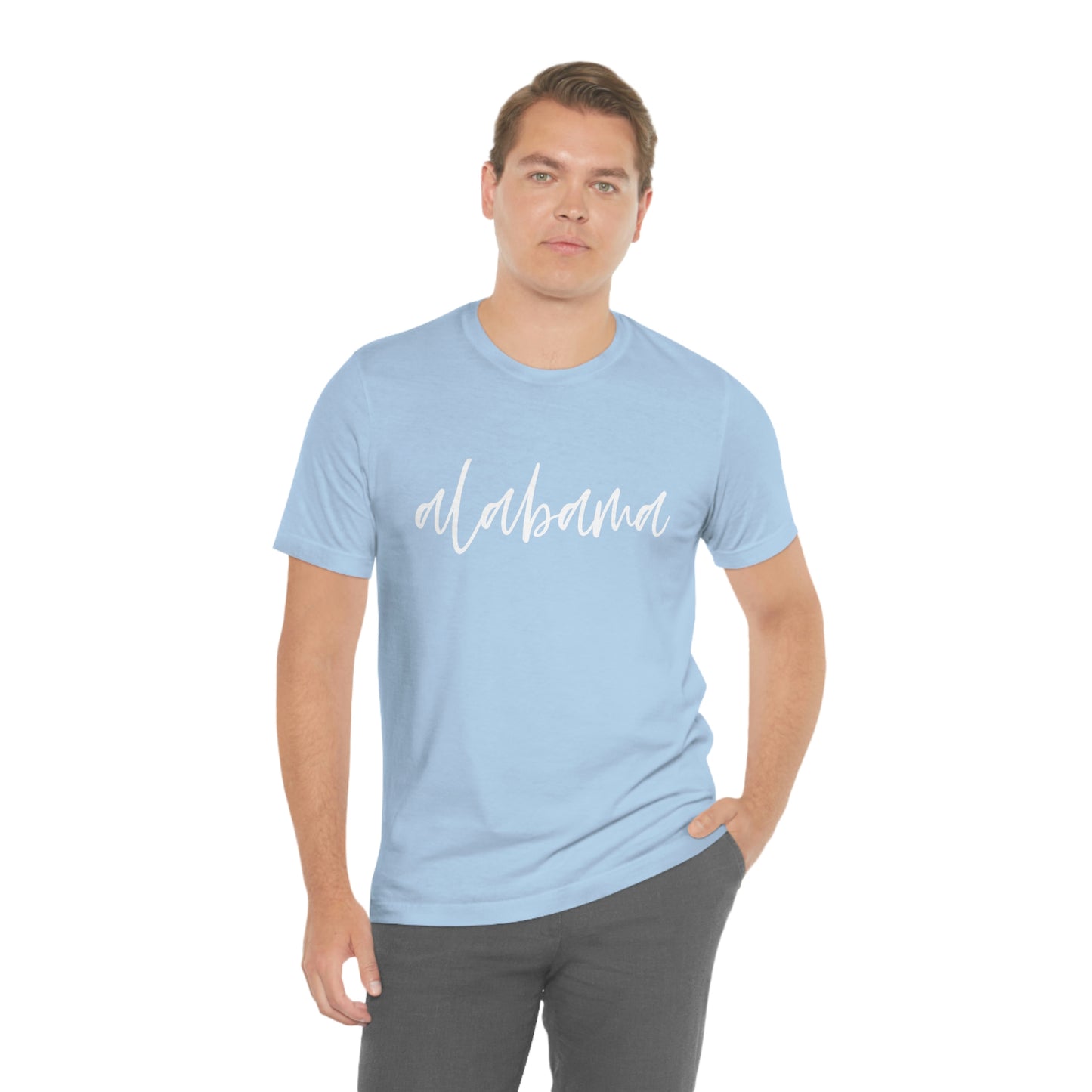 Alabama in White Script Unisex Jersey Short Sleeve T-shirt