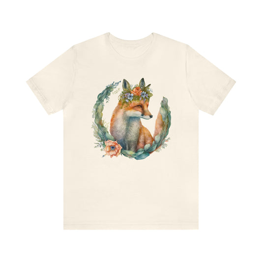 Watercolor Fox Peaking Through Wreath Short Sleeve T-shirt