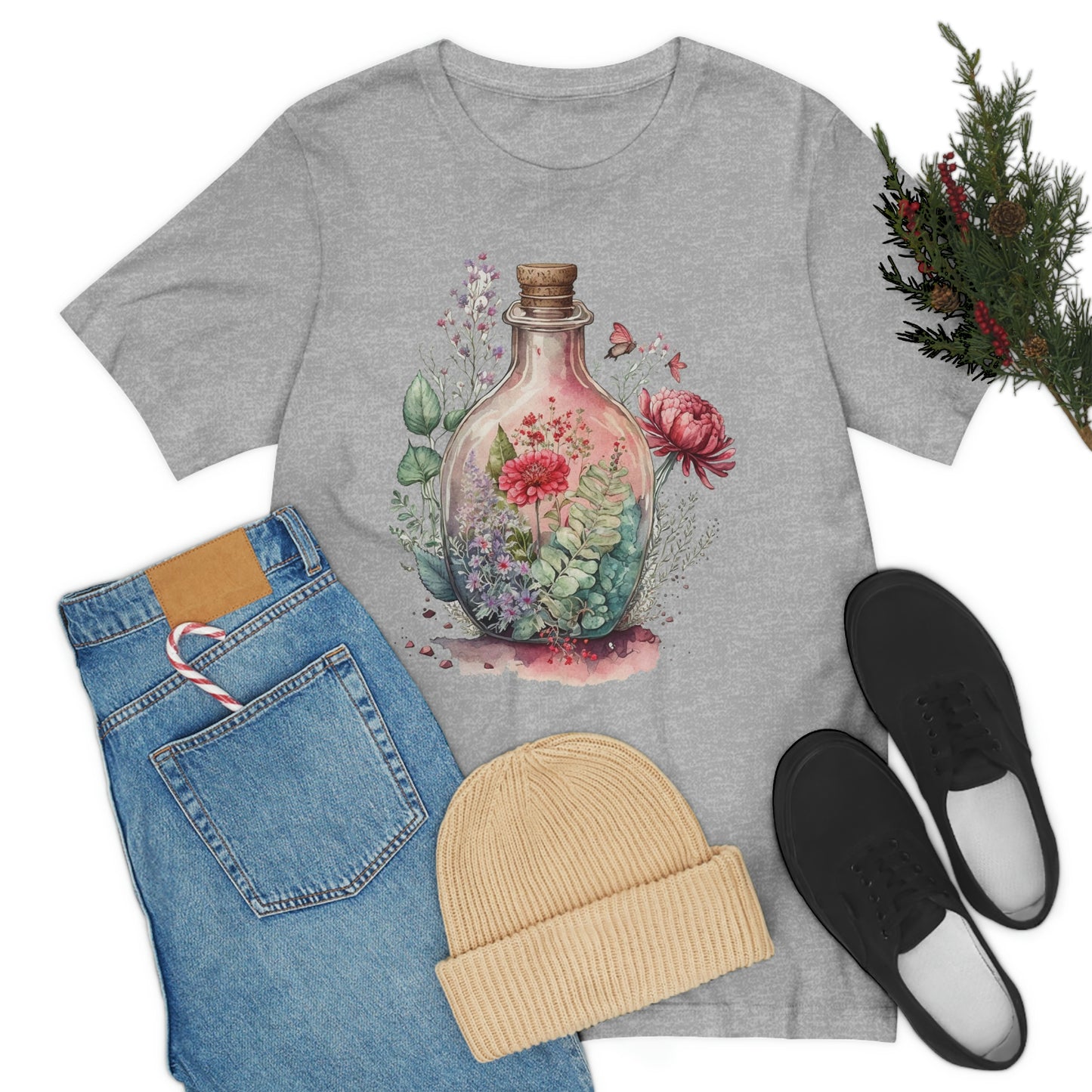 Vintage Bottle Floral Unisex Jersey Short Sleeve Tee
