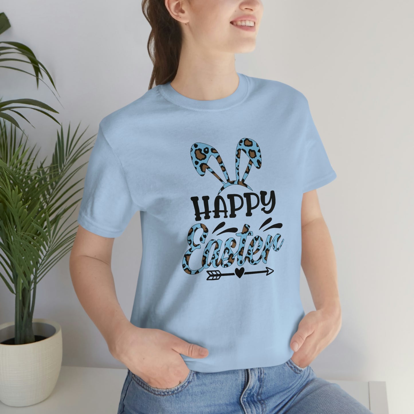 Happy Easter Bunny Ears Blue Leopard Print Unisex Jersey Short Sleeve Tee