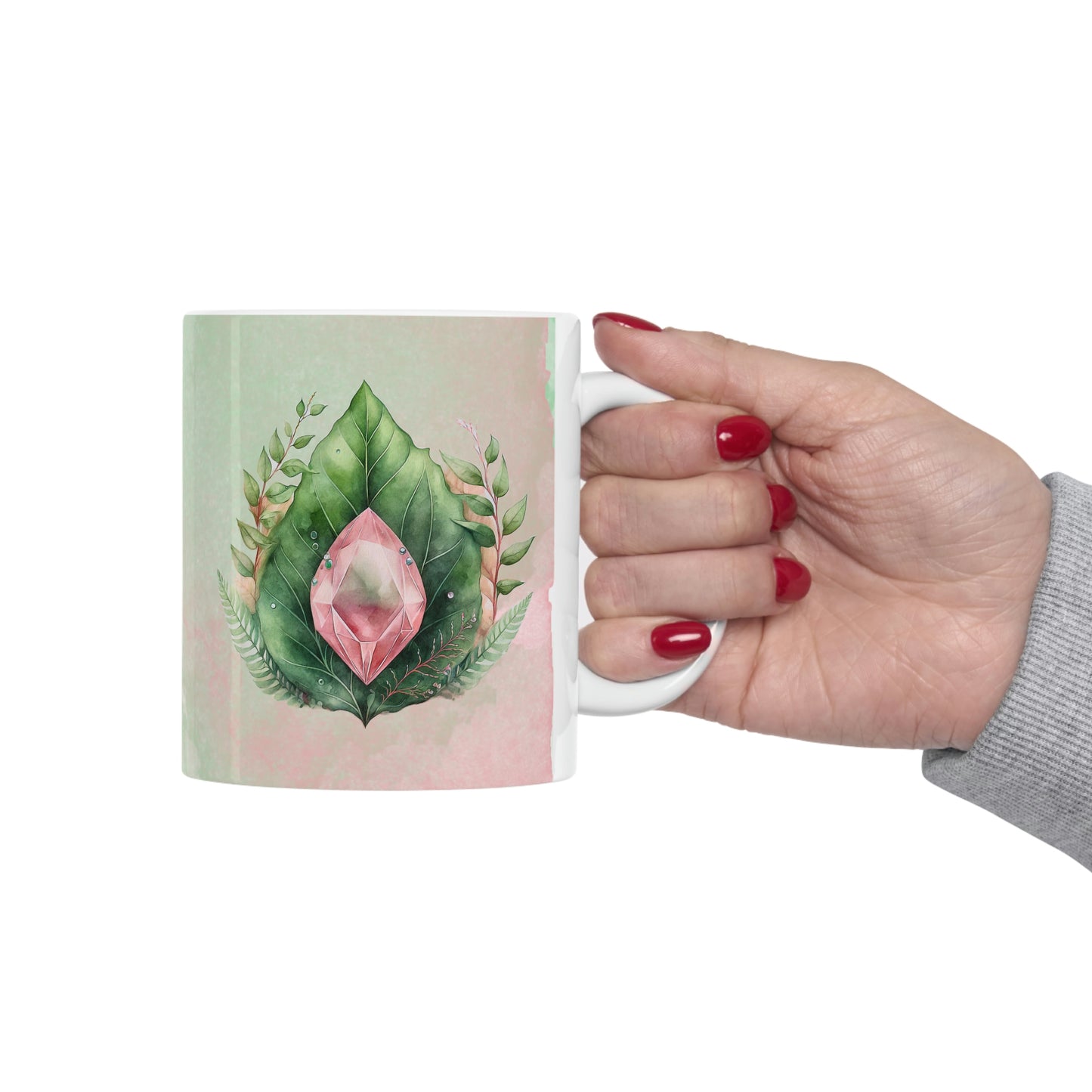 Pink Crystal on Green Leaves Watercolor Ceramic Mug 11oz