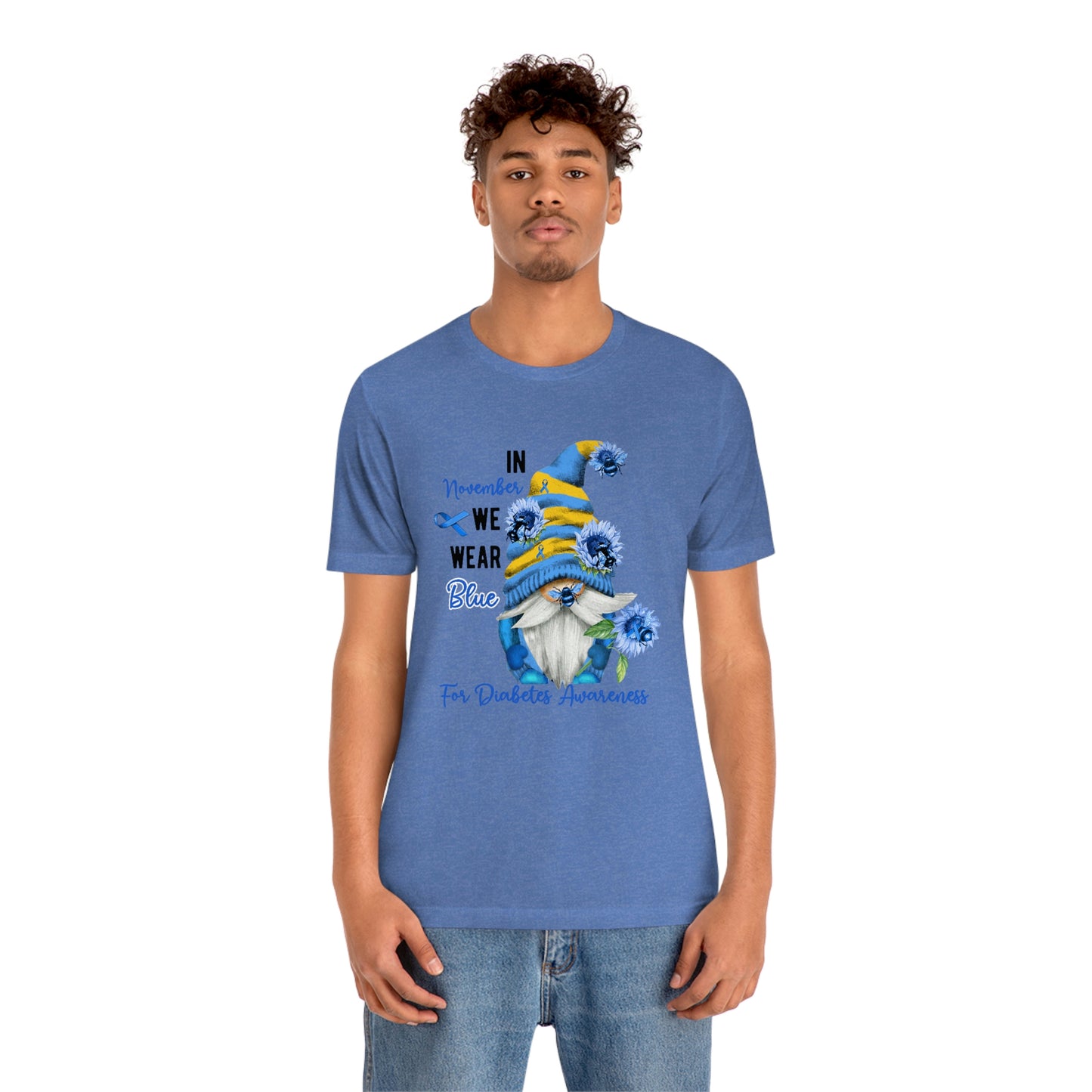 In November We Wear Blue Gnome Diabetes Awareness Print Unisex Jersey Short Sleeve Tee