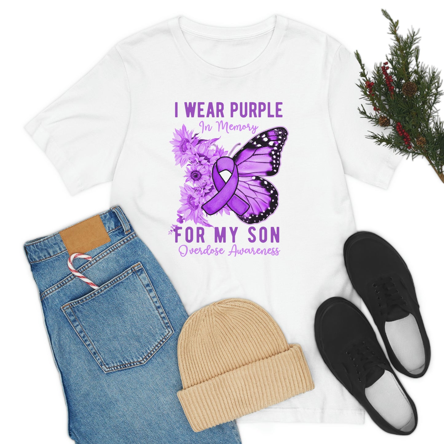 I Wear Purple In Memory For My Son Overdose Awareness Print Unisex Jersey Short Sleeve Tee