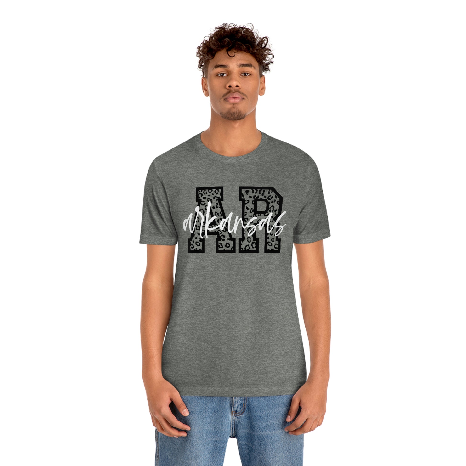 Arkansas AR Leopard Print White Script US Flag Unisex Jersey Short Sleeve Tee Tshirt T-shirt