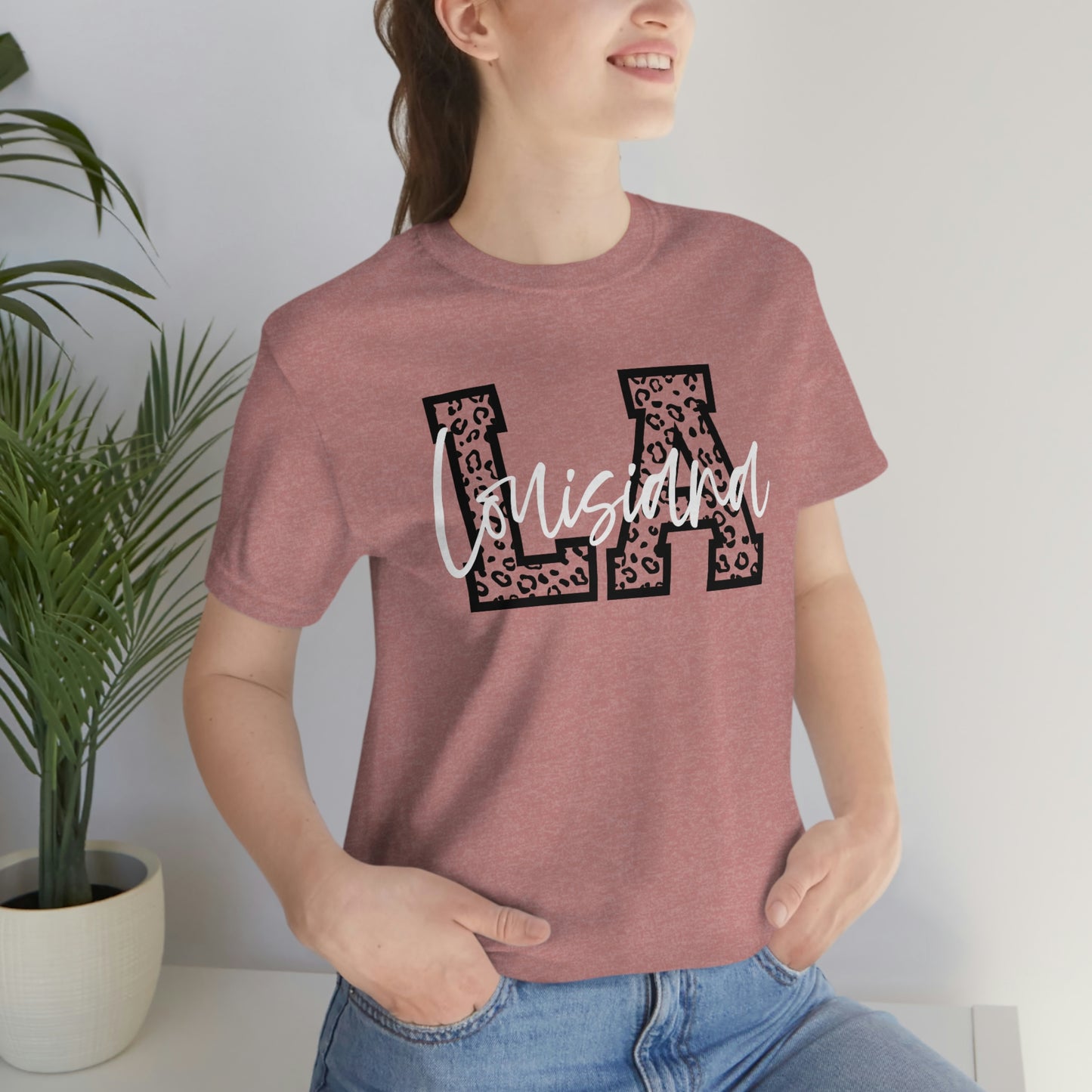 Louisiana LA Leopard Print Letters White Script Short Sleeve T-shirt