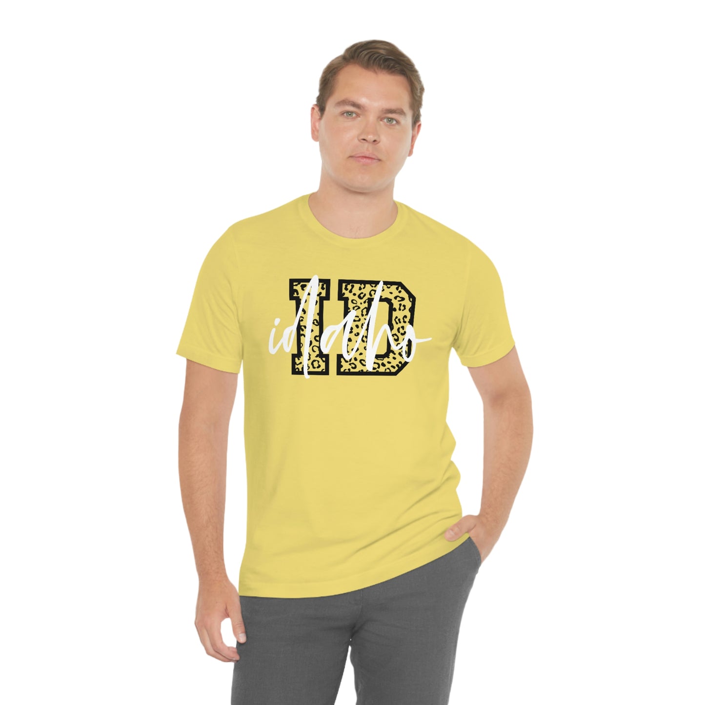 Idaho ID Leopard Print Letters White Script Short Sleeve T-shirt