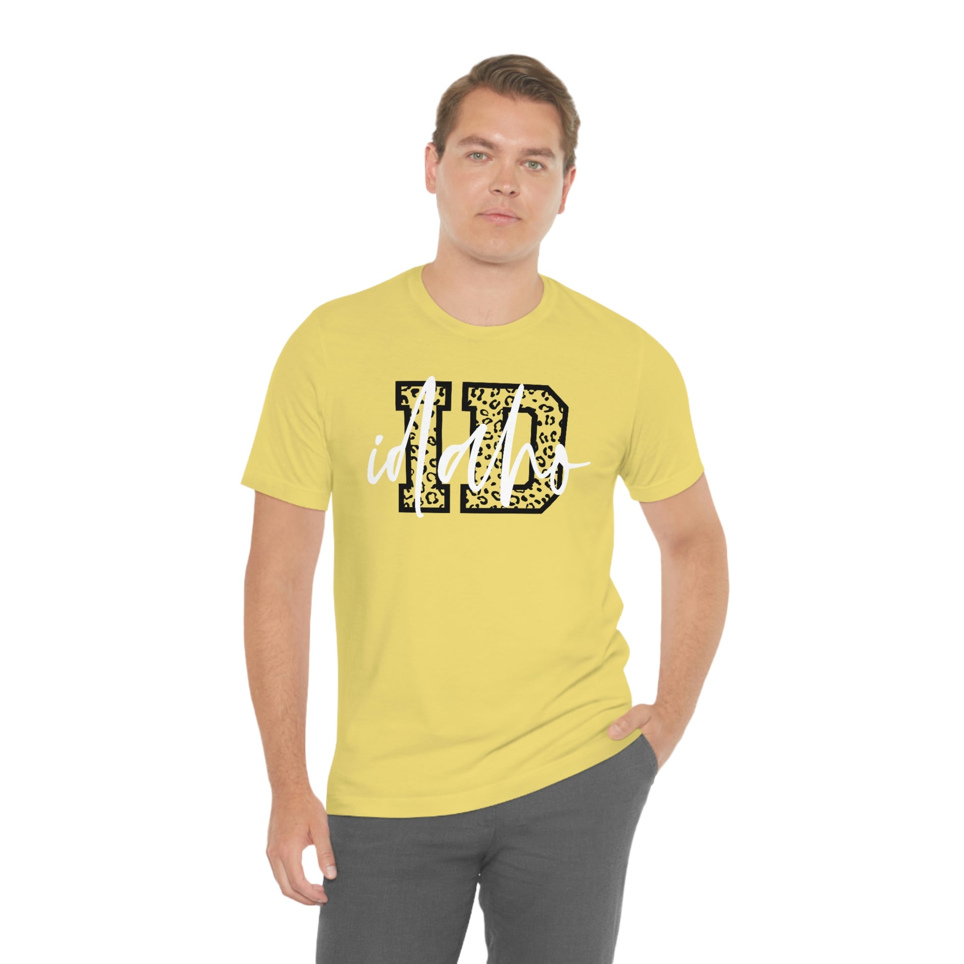 Idaho ID Leopard Print Letters White Script Short Sleeve T-shirt