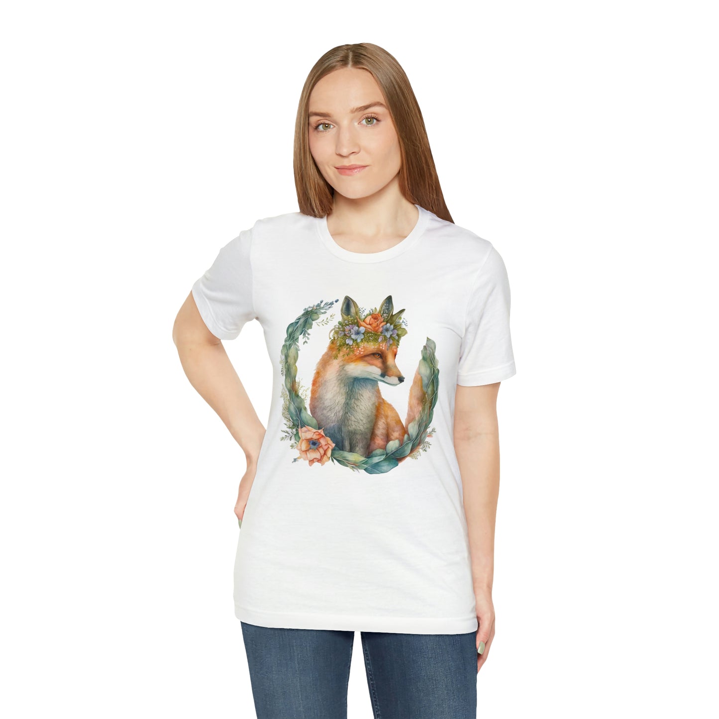 Watercolor Fox Peaking Through Wreath Short Sleeve T-shirt