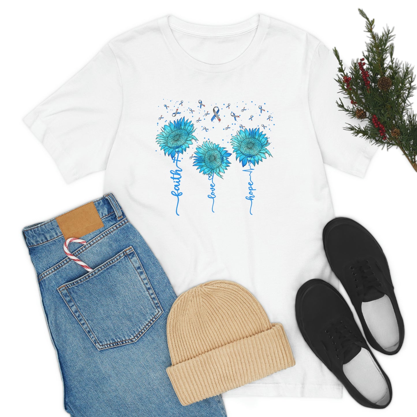 Faith Hope Love Sunflowers Diabetes Awareness Print Unisex Jersey Short Sleeve Tee