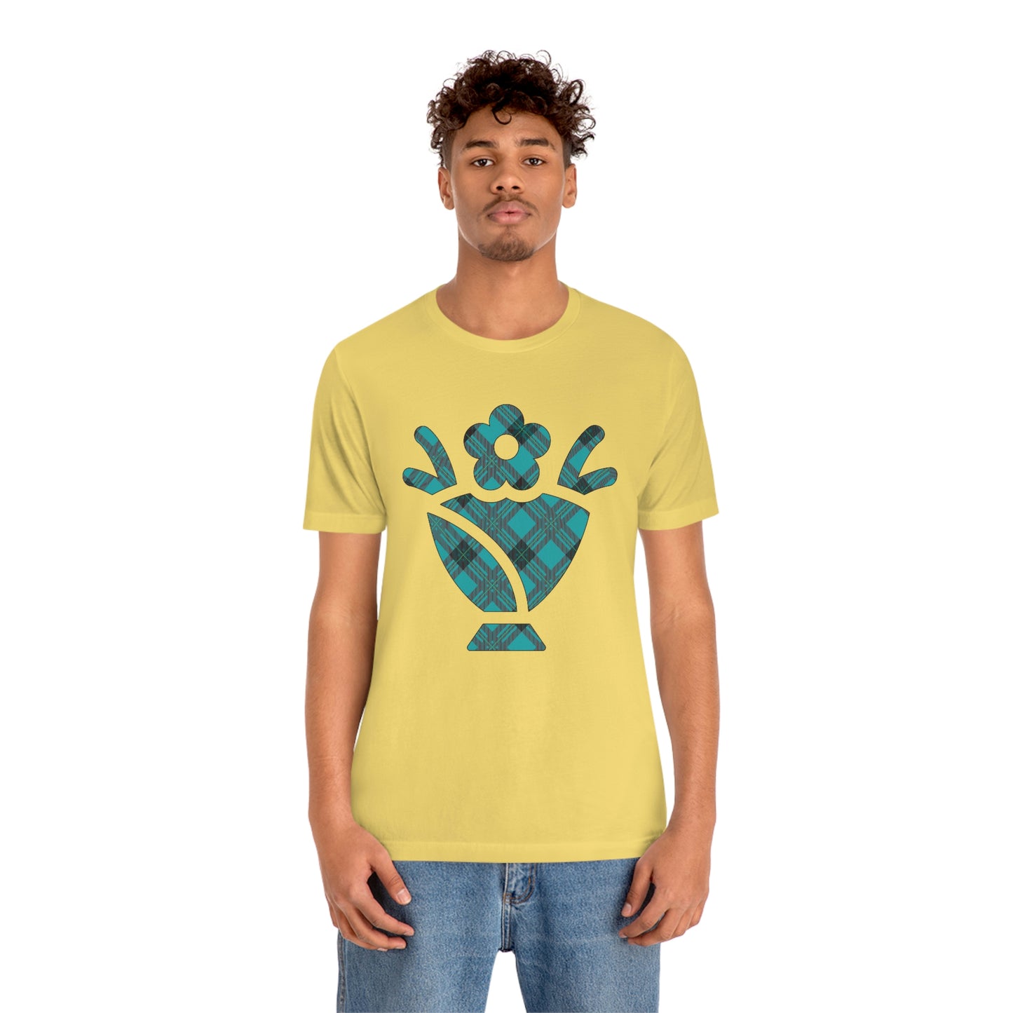 Blue Plaid Egg Basket Flowers Unisex Jersey Short Sleeve Tee