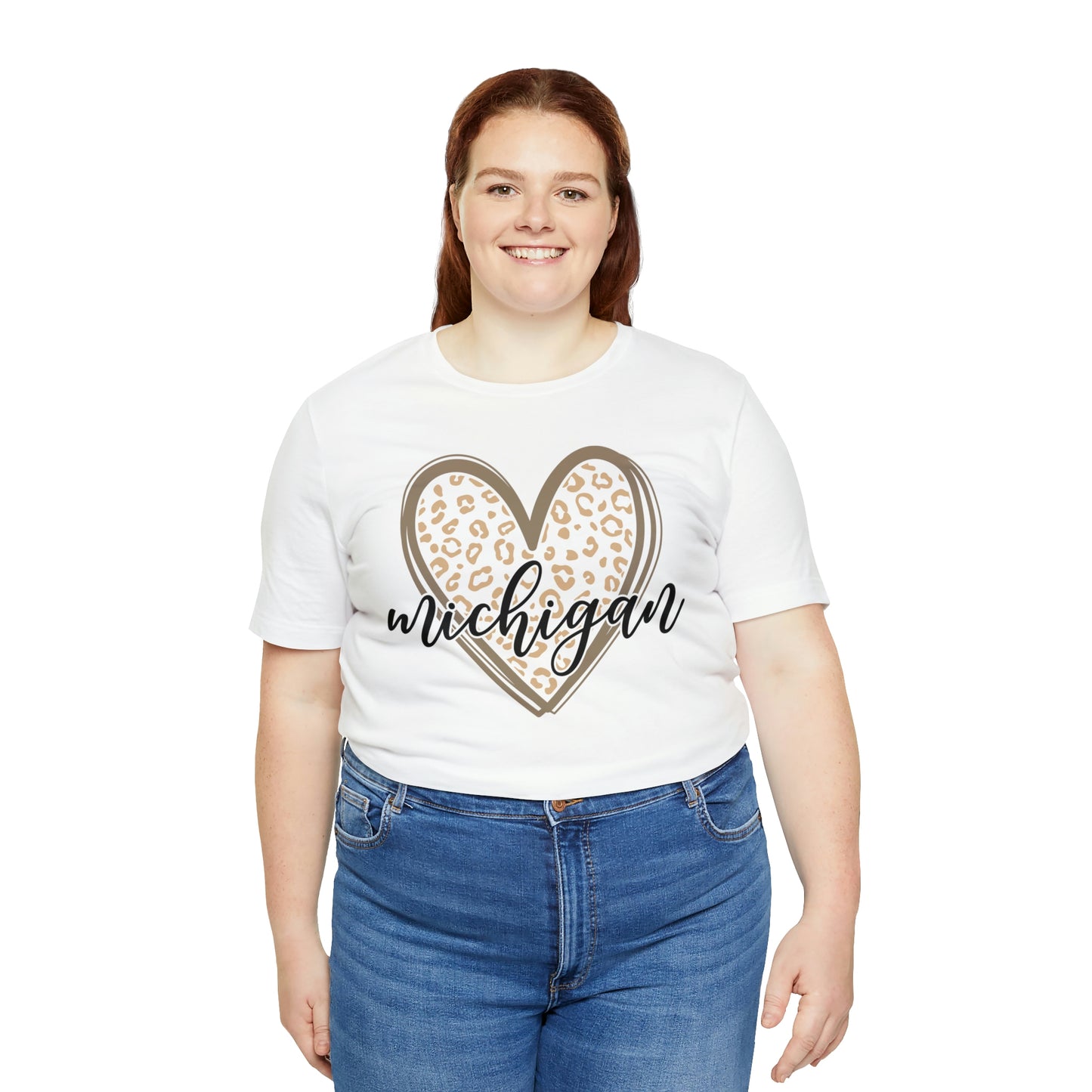 Michigan Gold Leopard Heart Black Script Short Sleeve T-shirt