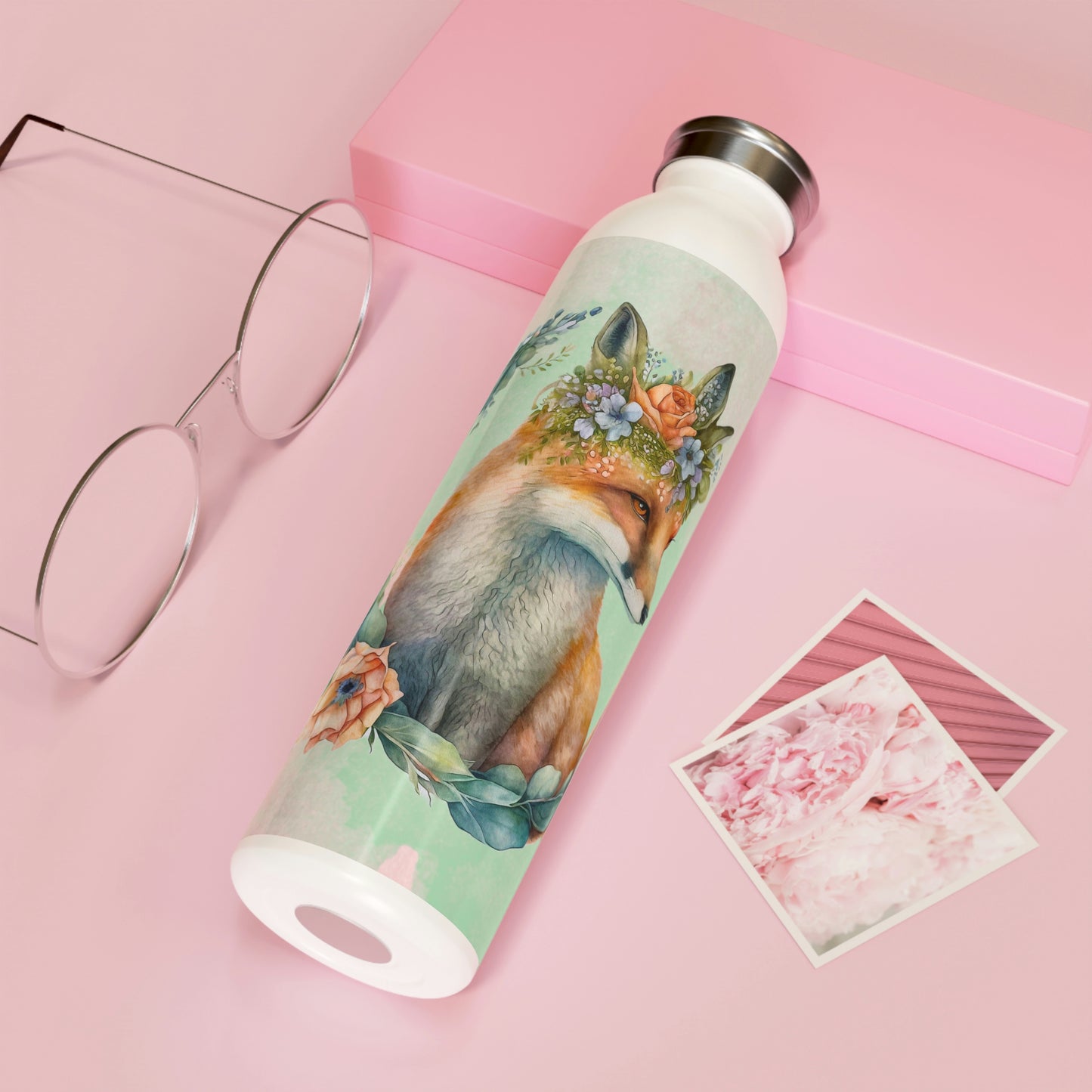 Spring Fox in Flower Wreath Watercolor Slim Water Bottle