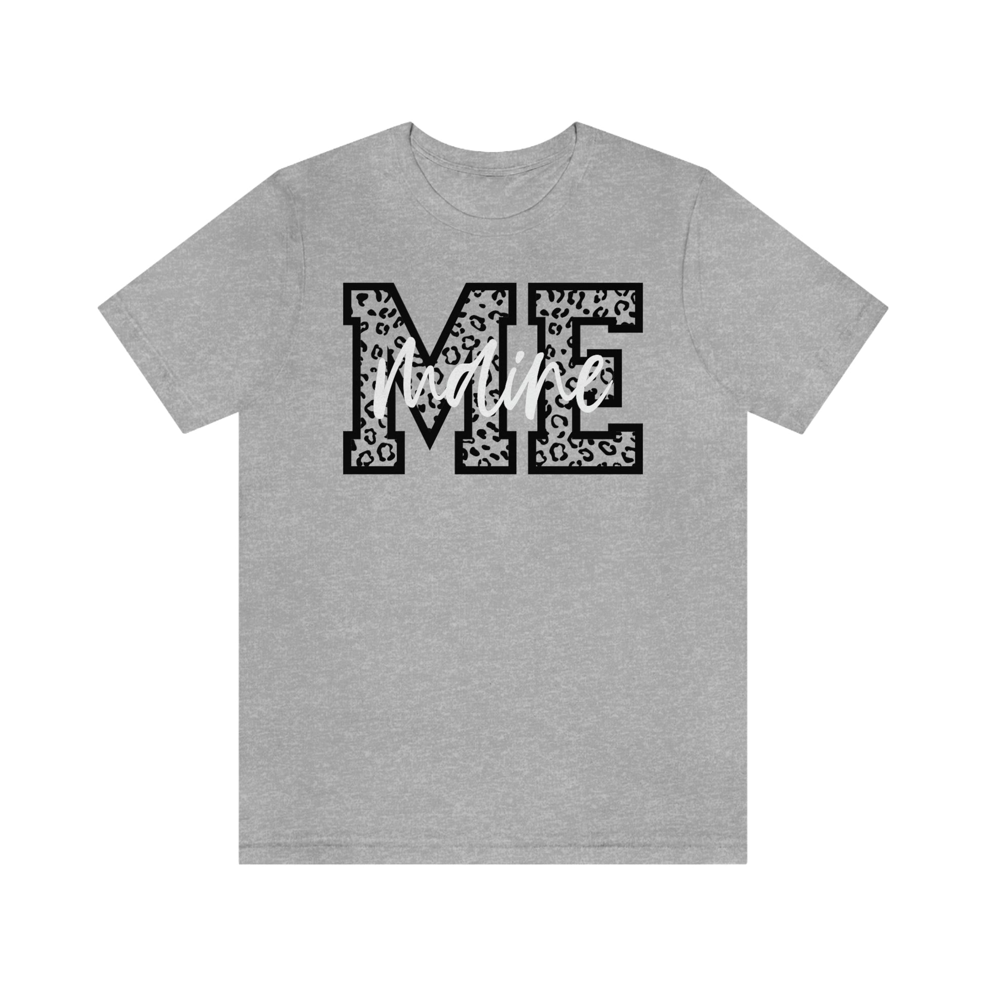 Maine ME Leopard Print Letters White Script Short Sleeve T-shirt