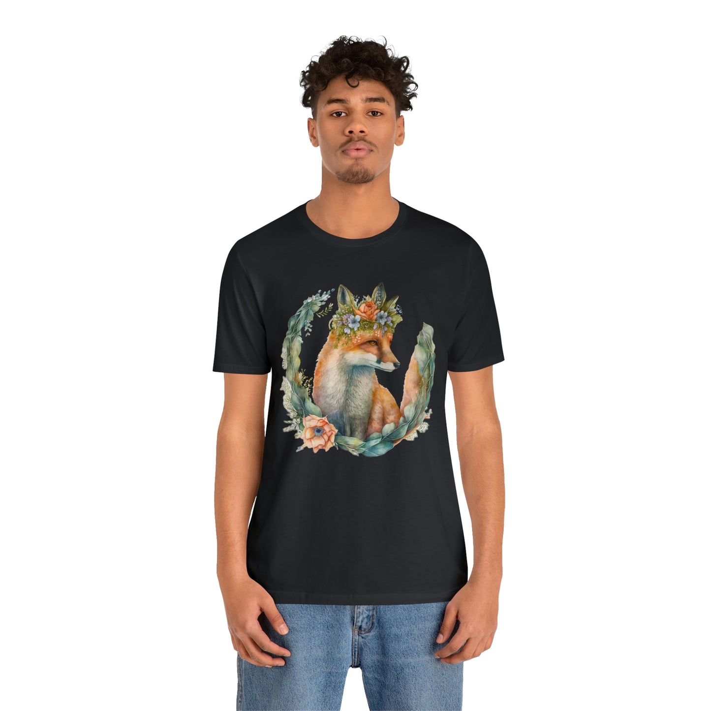 Watercolor Fox Peaking Through Wreath Short Sleeve T-shirt