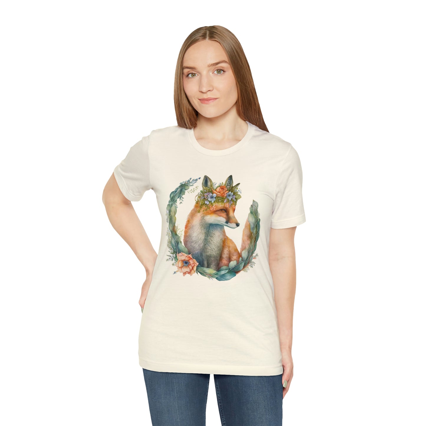 Watercolor Fox Peaking Through Wreath Short Sleeve T-shirt