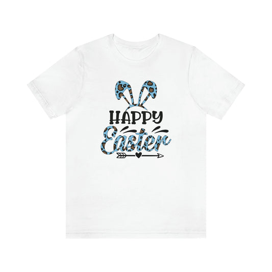 Happy Easter Bunny Ears Blue Leopard Print Unisex Jersey Short Sleeve Tee