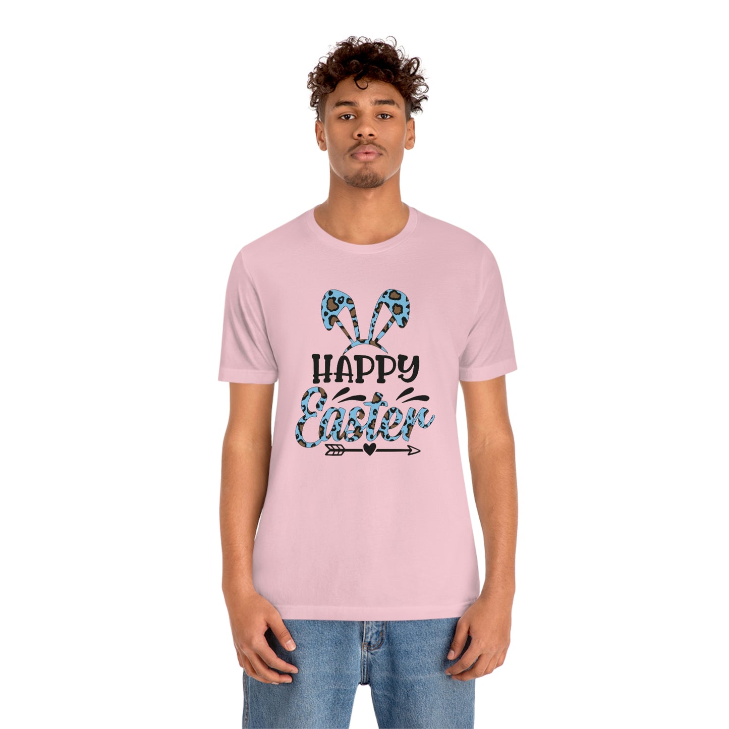 Happy Easter Bunny Ears Blue Leopard Print Unisex Jersey Short Sleeve Tee