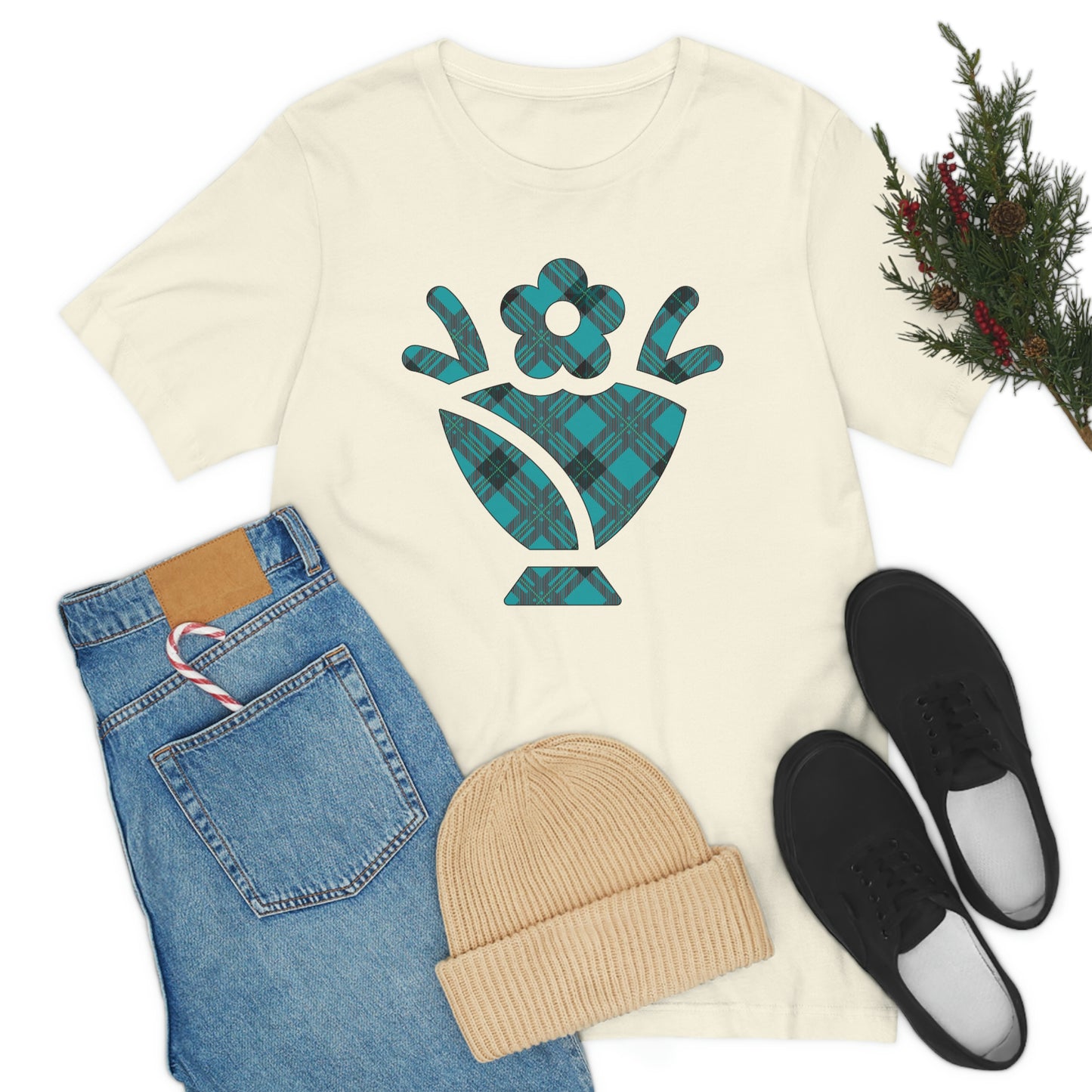 Blue Plaid Egg Basket Flowers Unisex Jersey Short Sleeve Tee