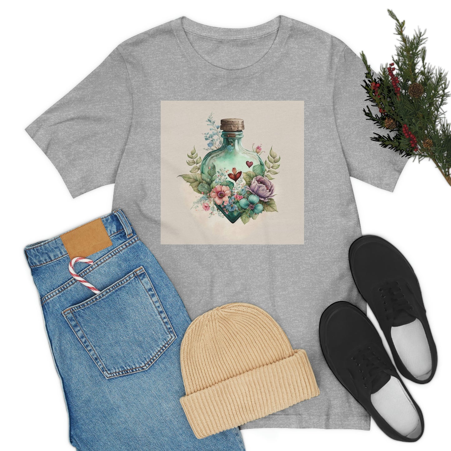 Vintage Bottle Floral Unisex Jersey Short Sleeve Tee