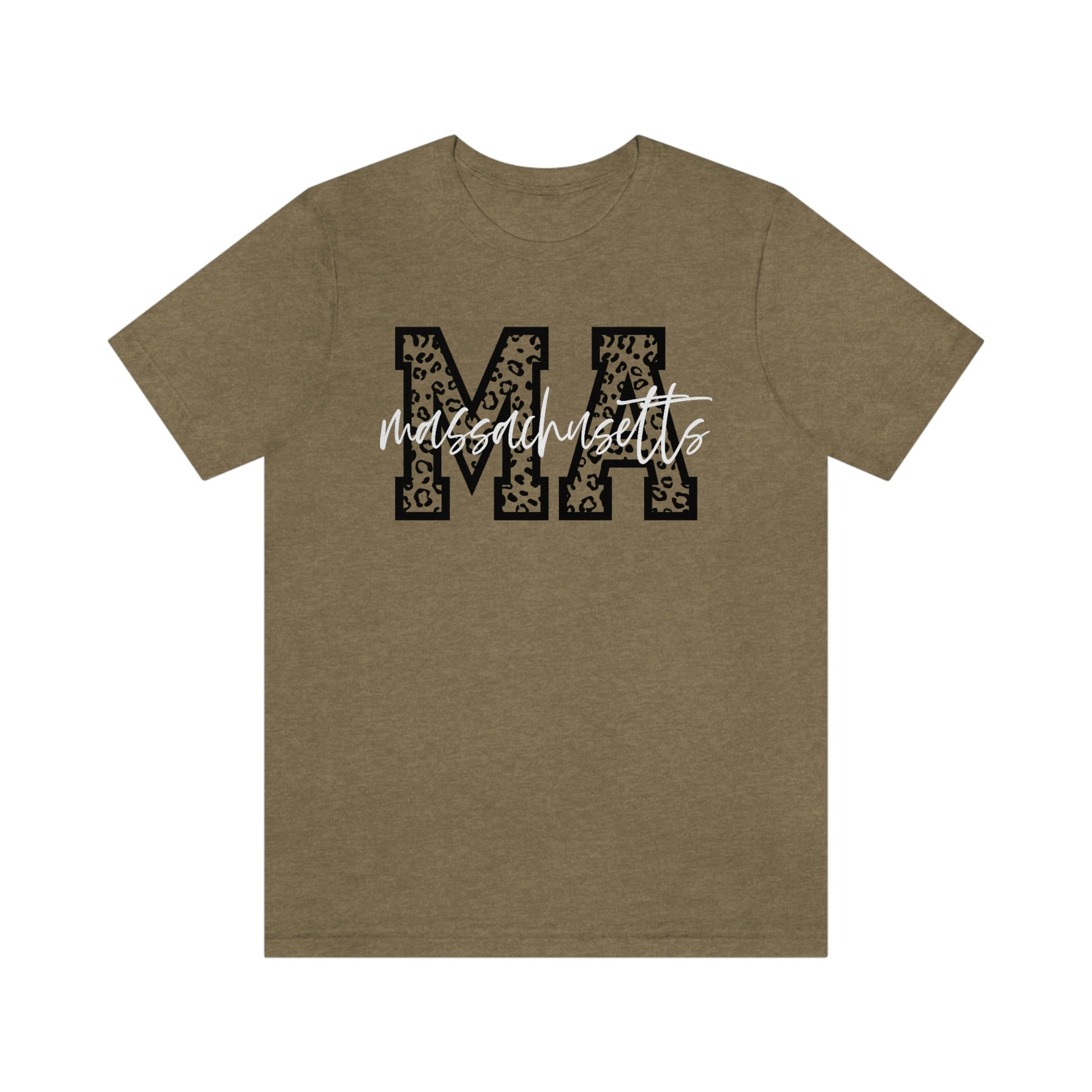 Massachusetts MA Leopard Print Letters White Script Short Sleeve T-shirt