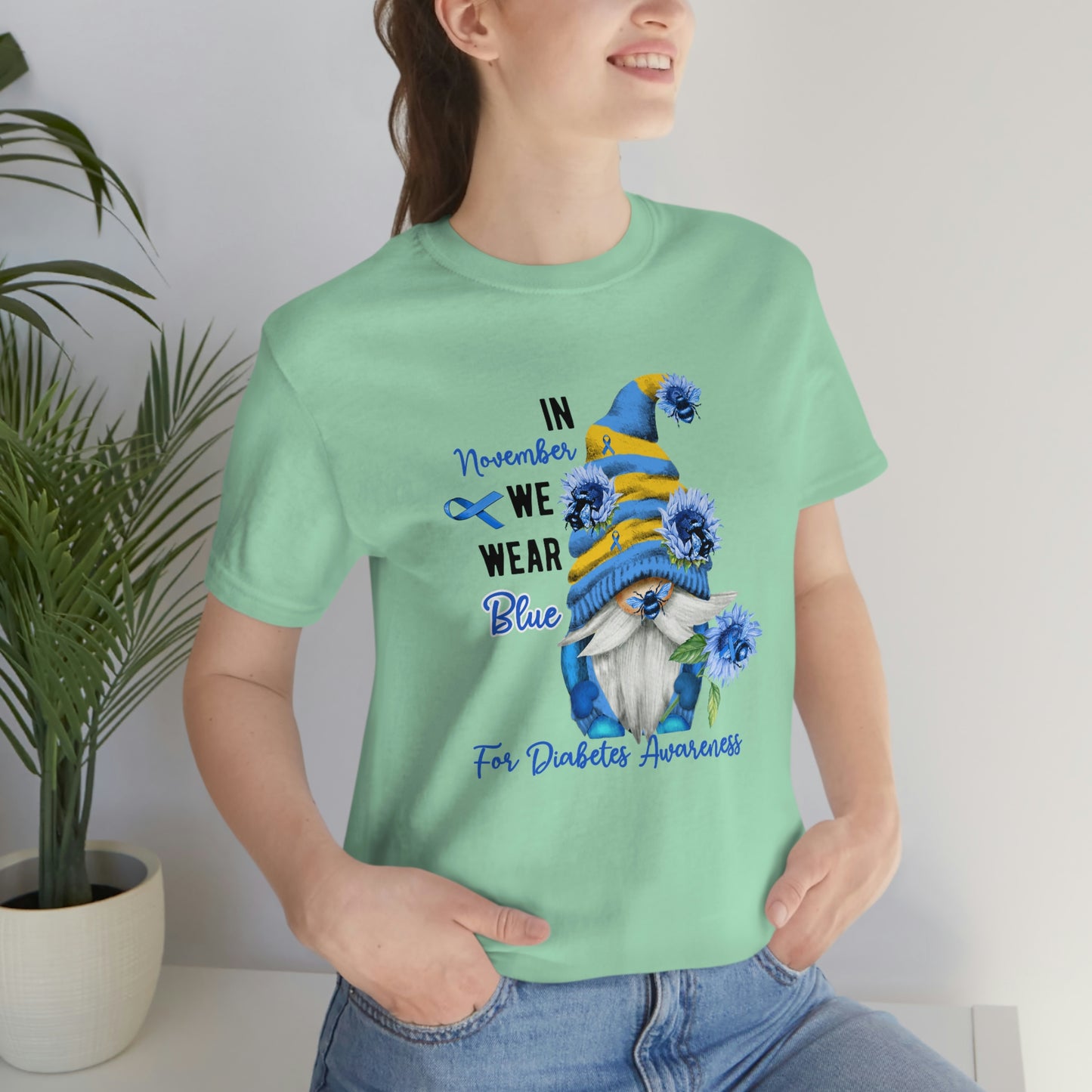 In November We Wear Blue Gnome Diabetes Awareness Print Unisex Jersey Short Sleeve Tee
