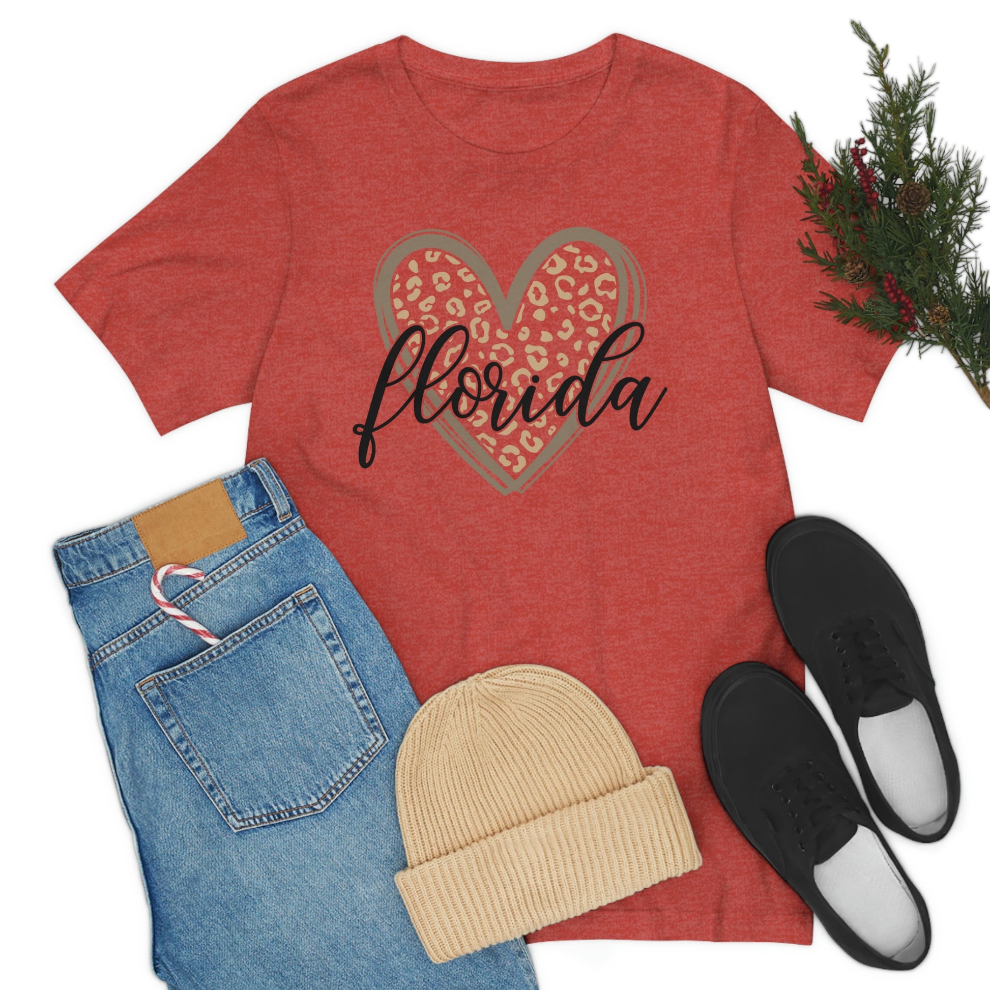 Florida Heart Gold Leopard Print With Black Script Short Sleeve T-shirt