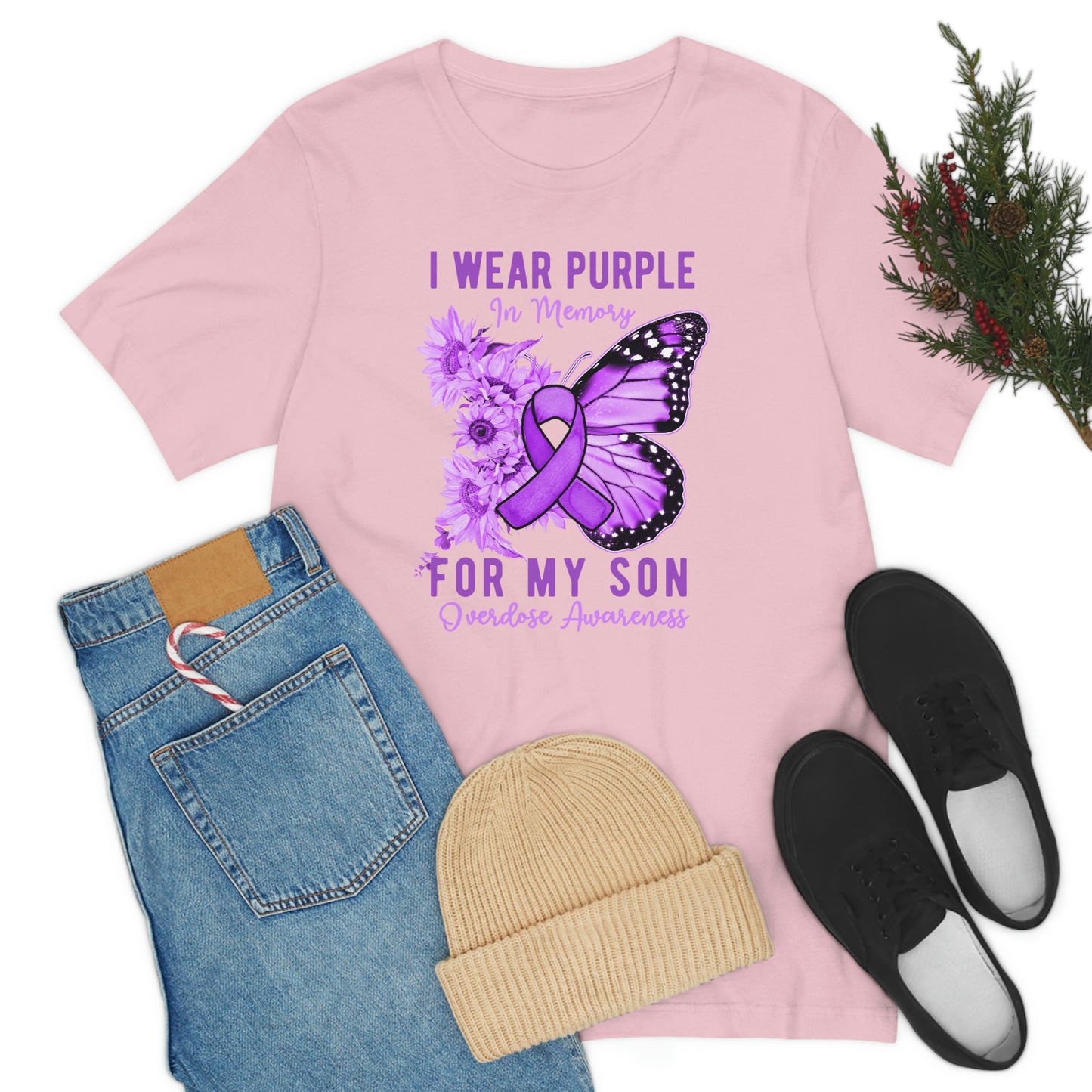 I Wear Purple In Memory For My Son Overdose Awareness Print Unisex Jersey Short Sleeve Tee