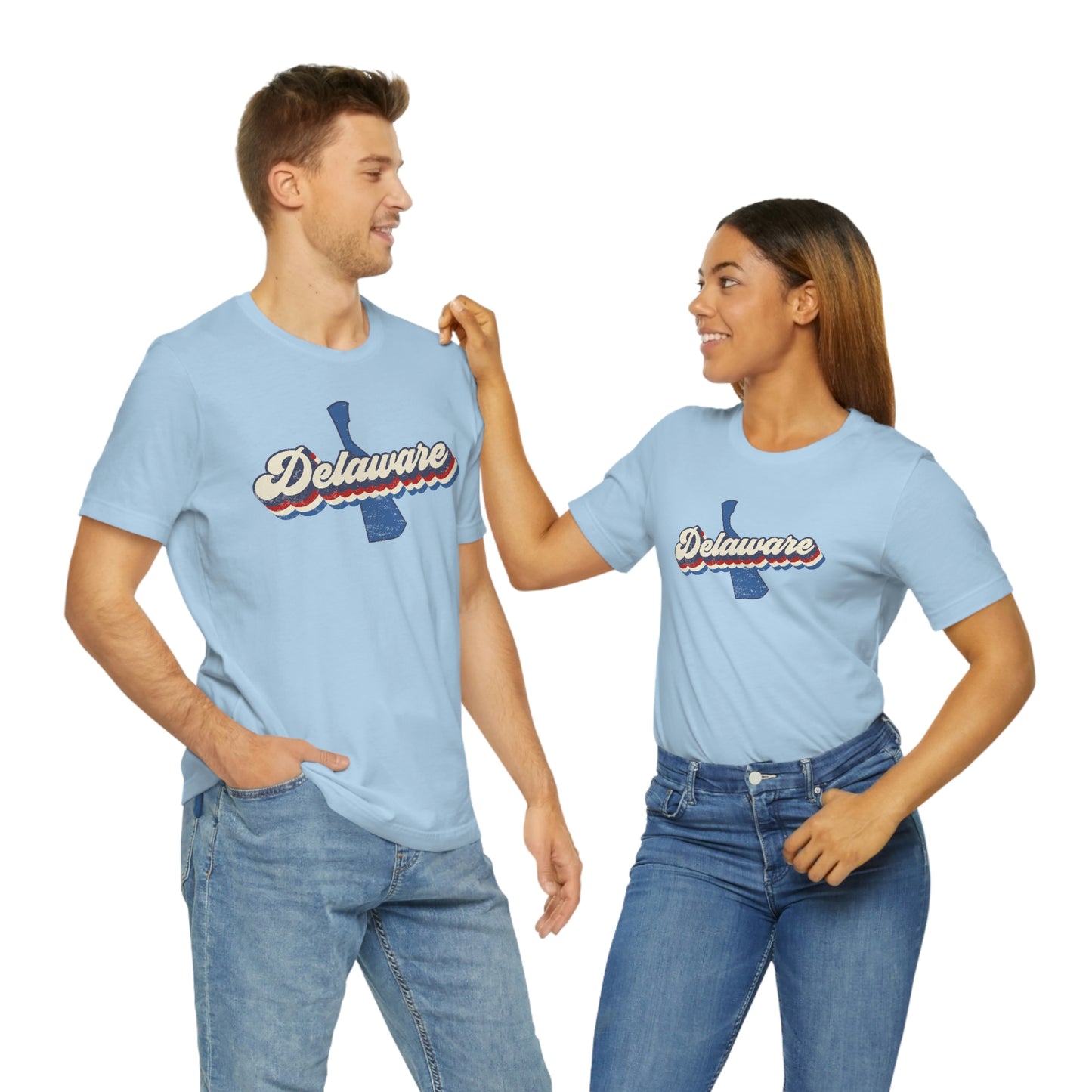 Delaware Script Red White Blue on Blue Delaware Short Sleeve T-shirt