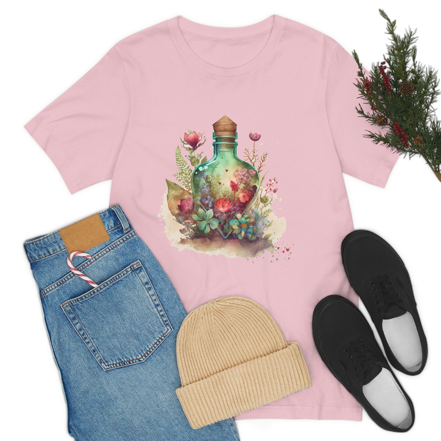 Vintage Bottle Floral Unisex Jersey Short Sleeve Tee