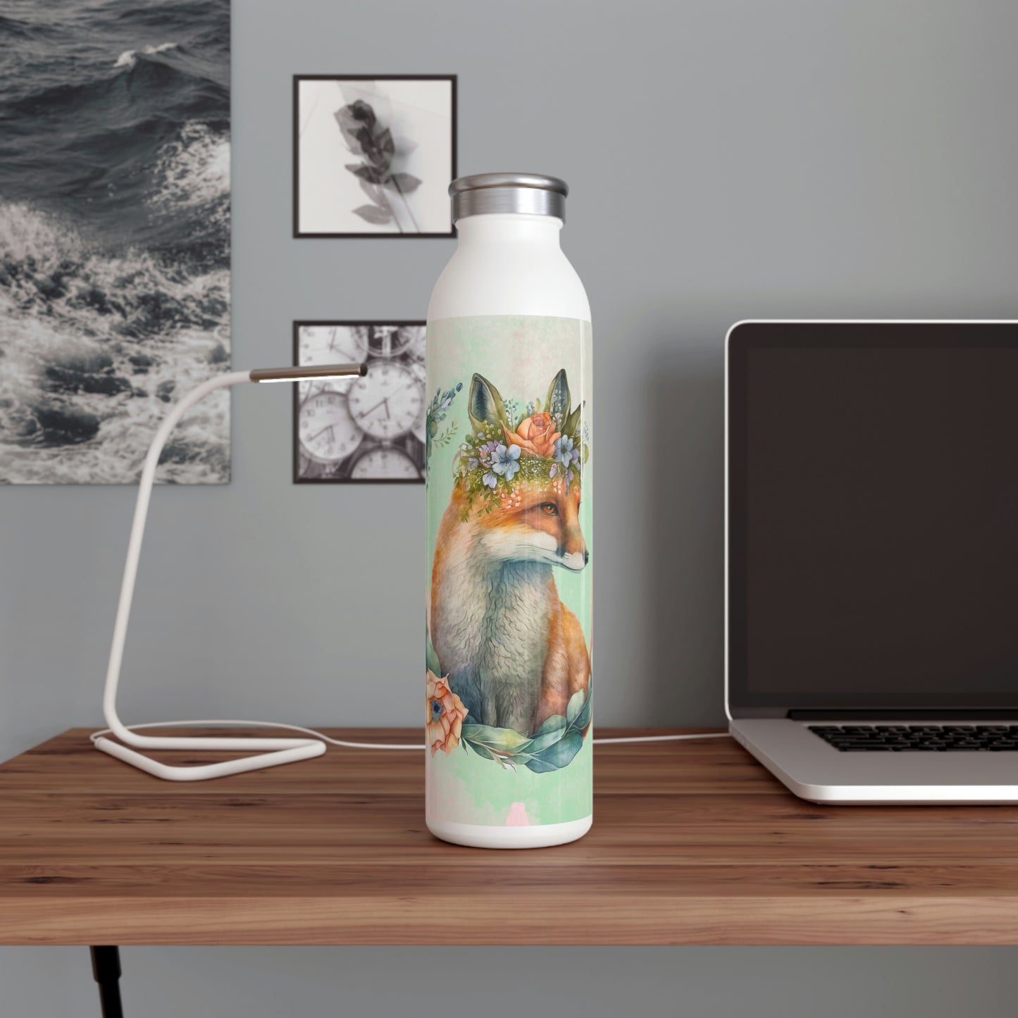 Spring Fox in Flower Wreath Watercolor Slim Water Bottle