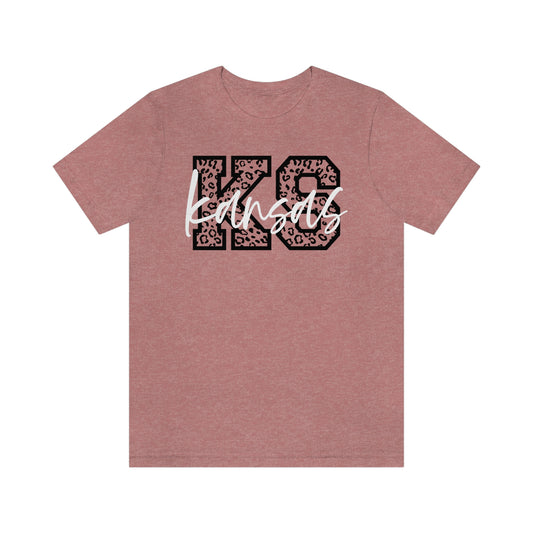 Kansas KS Leopard Print Letters White Script Short Sleeve T-shirt