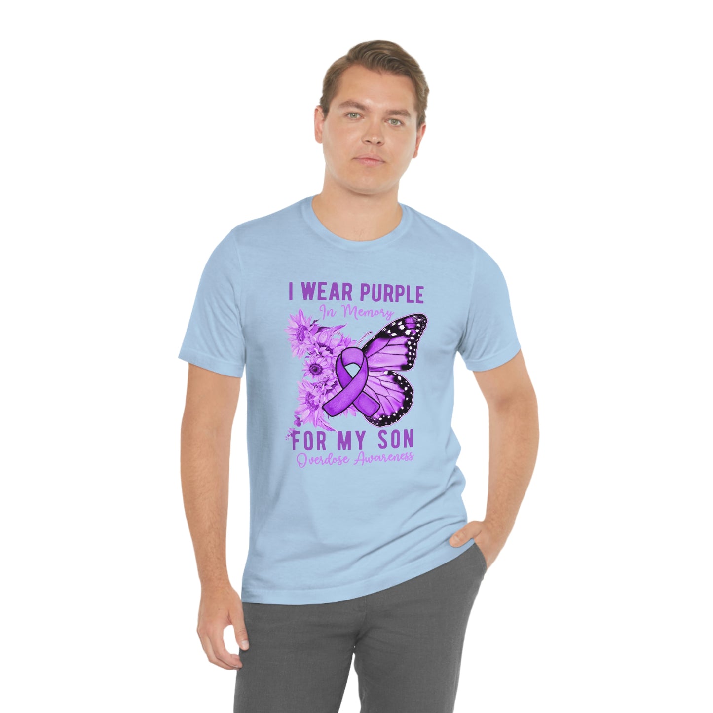 I Wear Purple In Memory For My Son Overdose Awareness Print Unisex Jersey Short Sleeve Tee