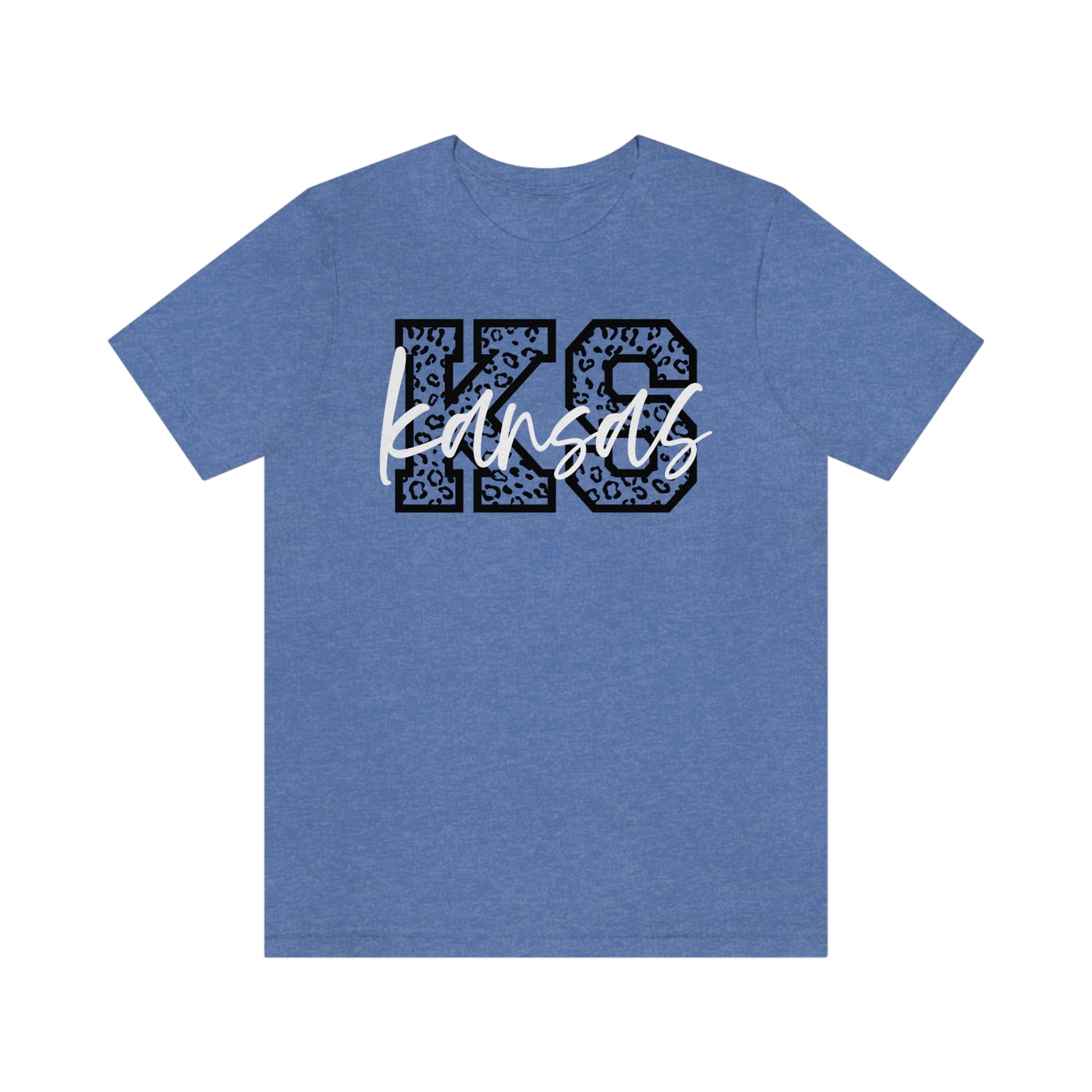 Kansas KS Leopard Print Letters White Script Short Sleeve T-shirt