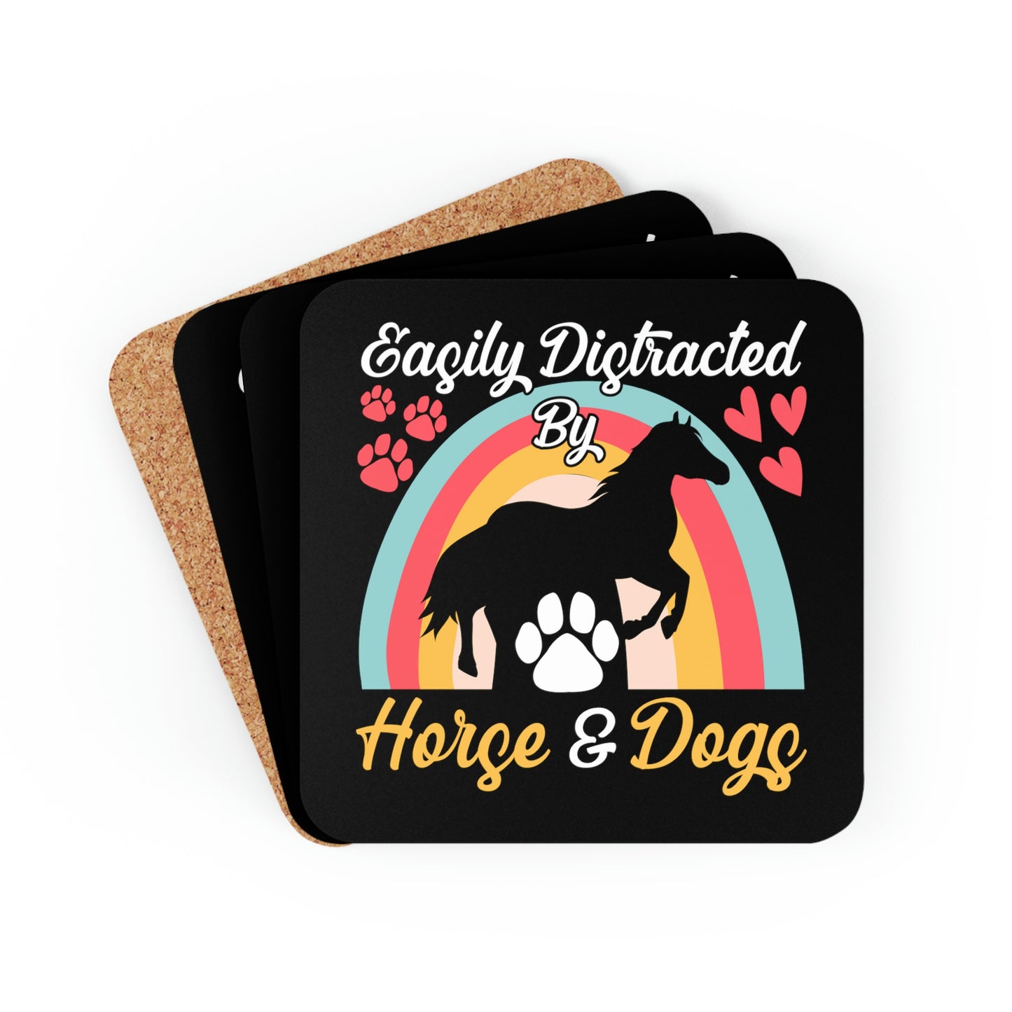 Easily Distracted by Horse & Dogs Corkwood Coaster Set