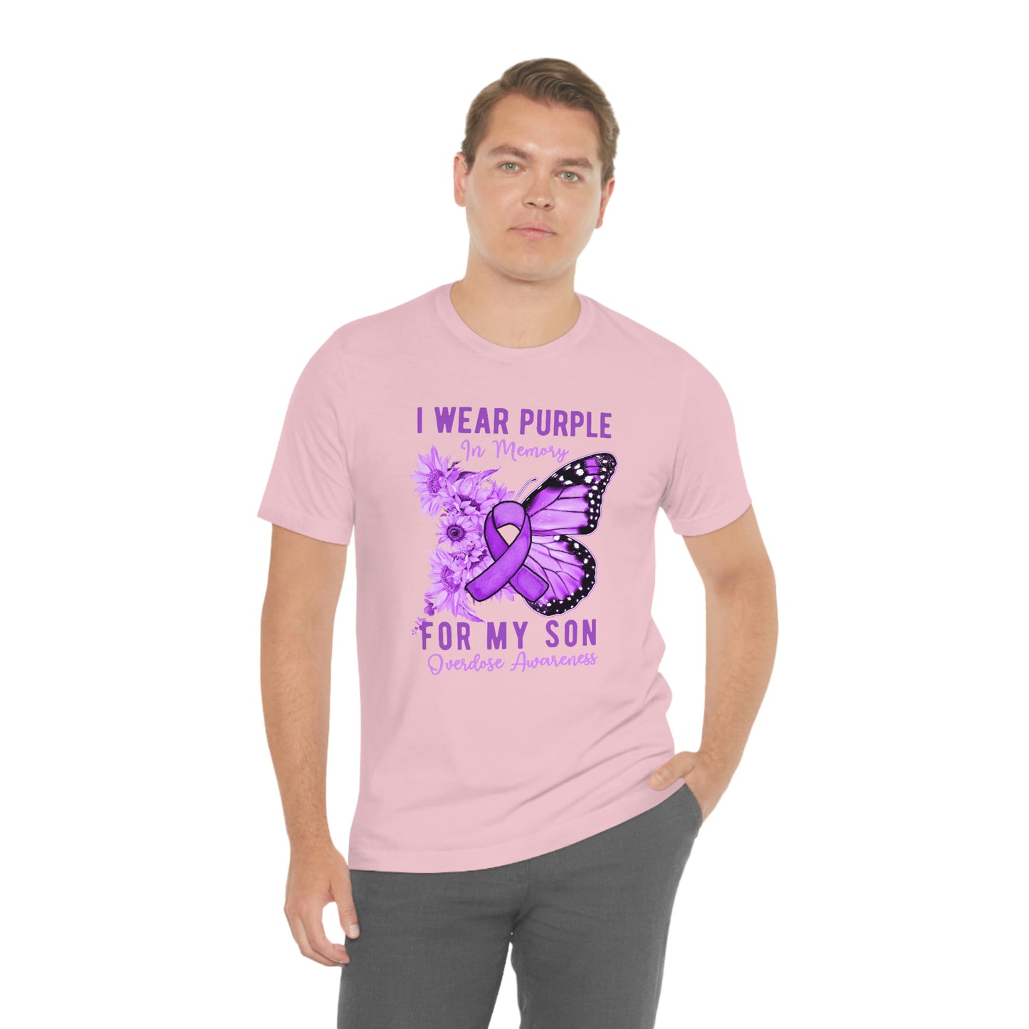 I Wear Purple In Memory For My Son Overdose Awareness Print Unisex Jersey Short Sleeve Tee
